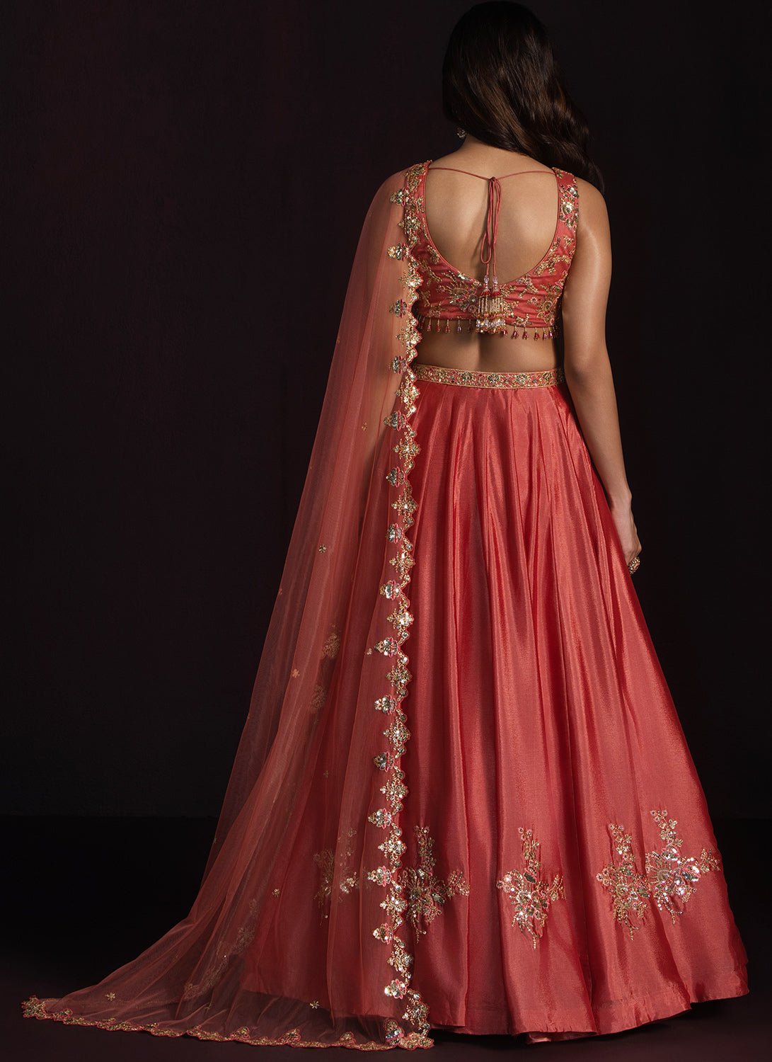 Rust Embroidered Chinon Lehenga - Lashkaraa