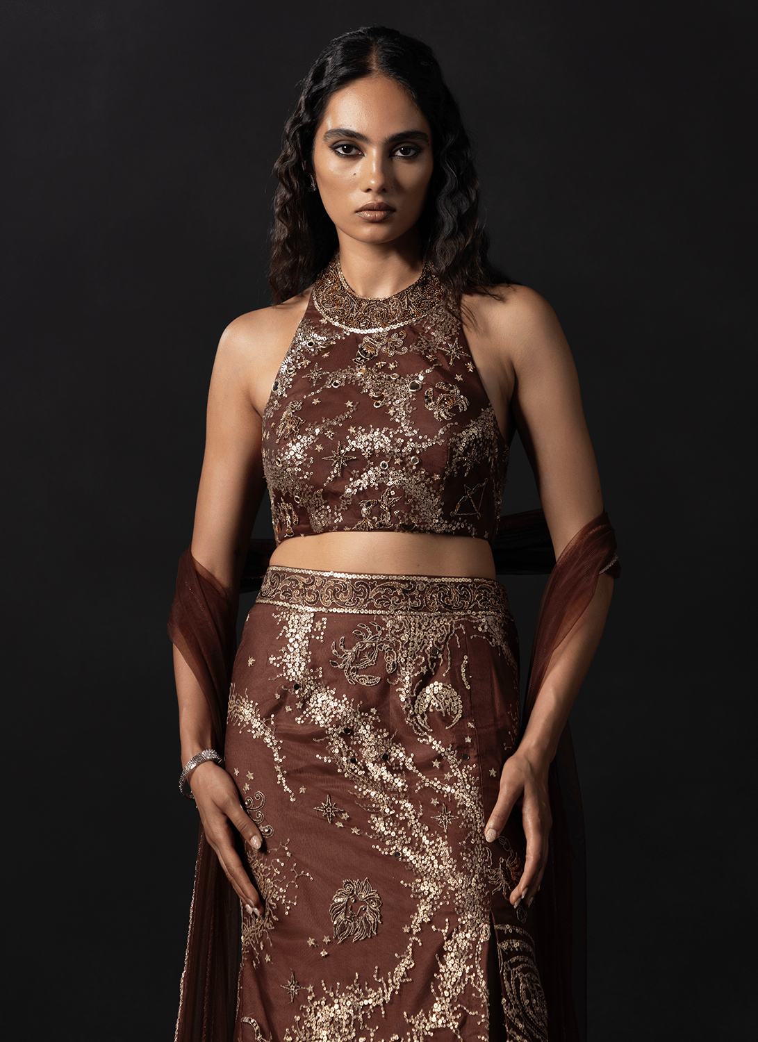 Rust Embroidered Net Lehenga - Lashkaraa
