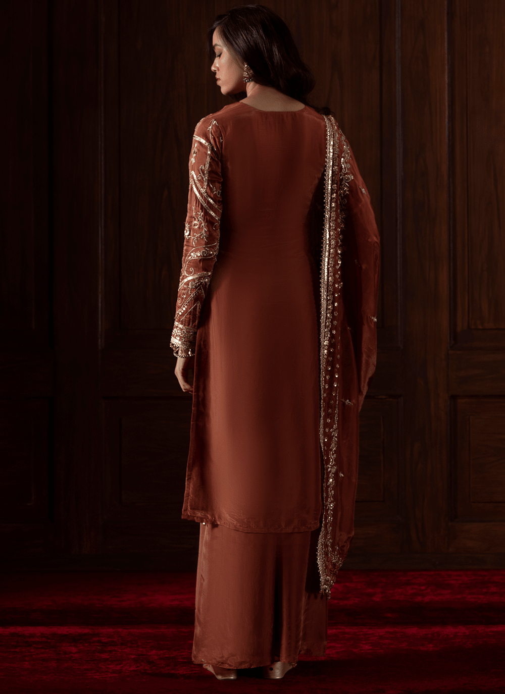 Rust Embroidered Silk Palazzo Suit