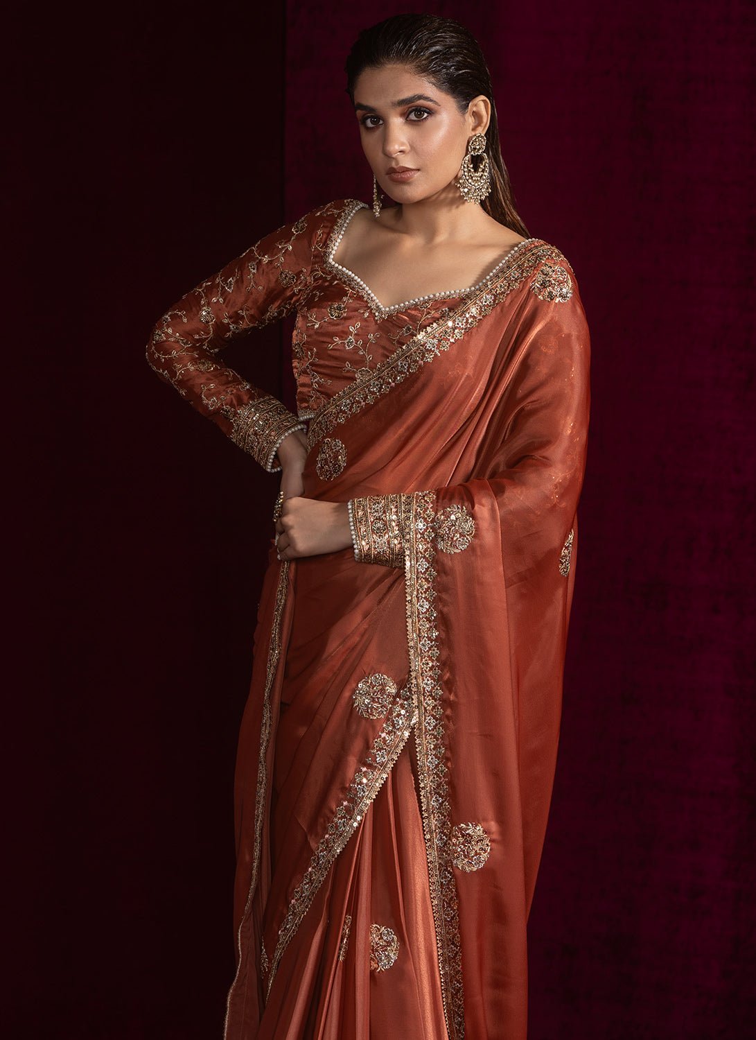 Rust Embroidered Silk Saree - Lashkaraa