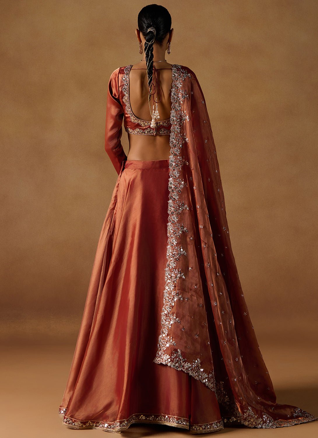 Rust Embroidered Tissue Lehenga - Lashkaraa