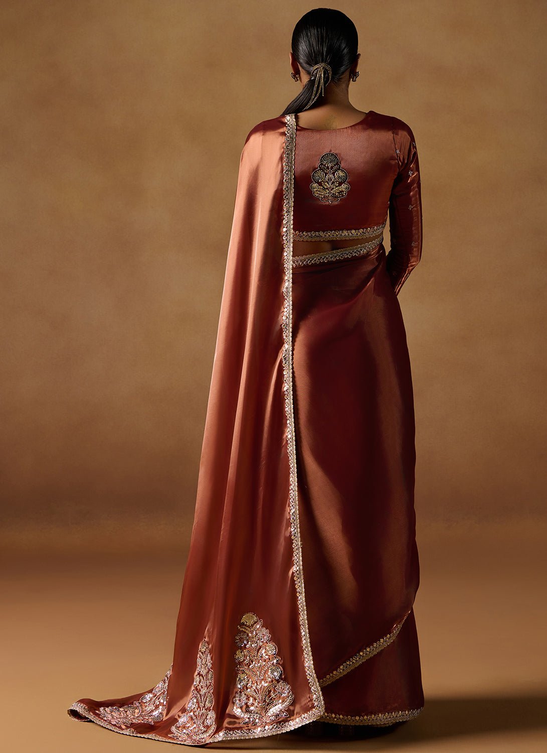 Rust Embroidered Tissue Saree - Lashkaraa