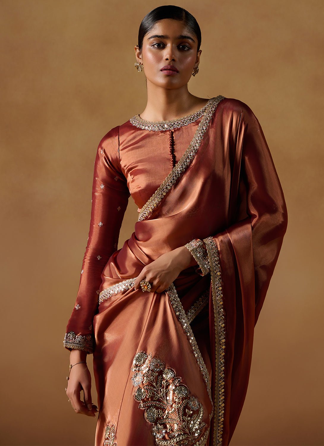 Rust Embroidered Tissue Saree - Lashkaraa