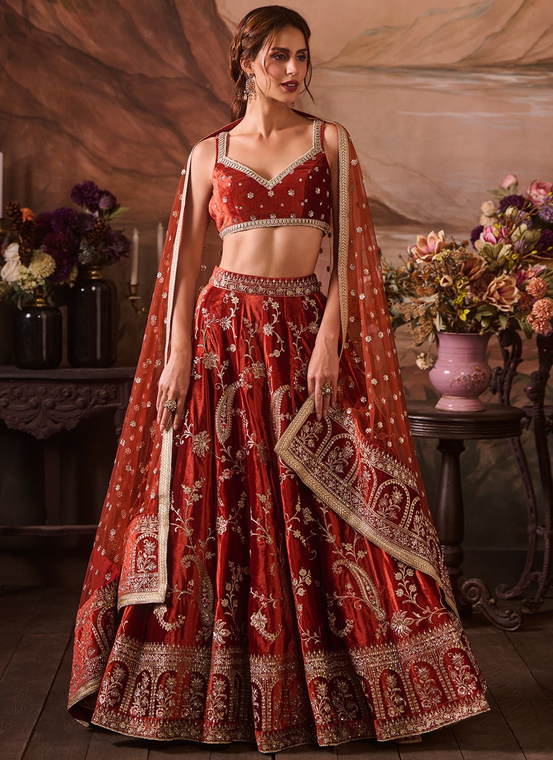 Rust Embroidered Velvet Lehenga - Lashkaraa