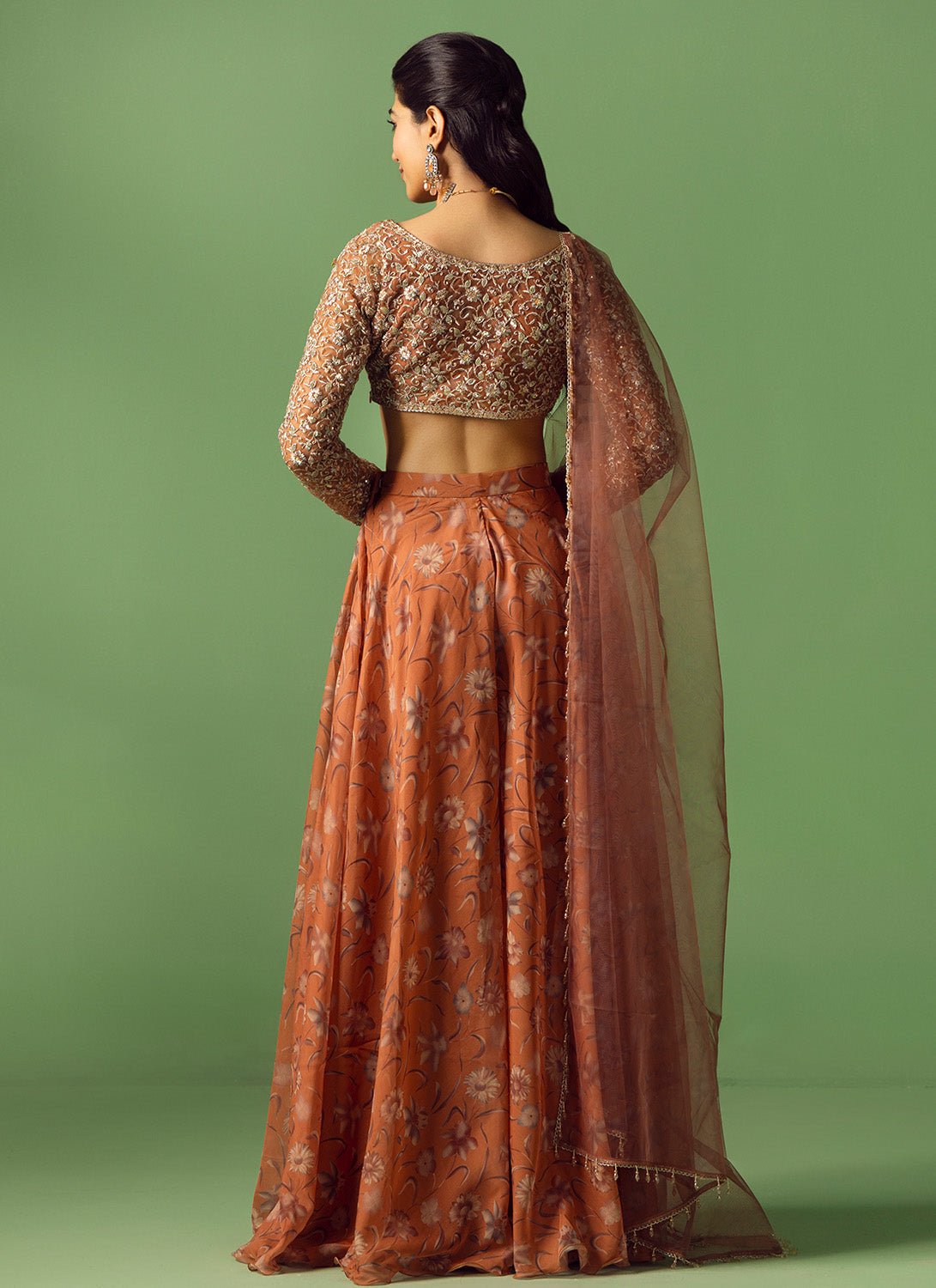 Rust Floral Printed Organza Sharara - Lashkaraa