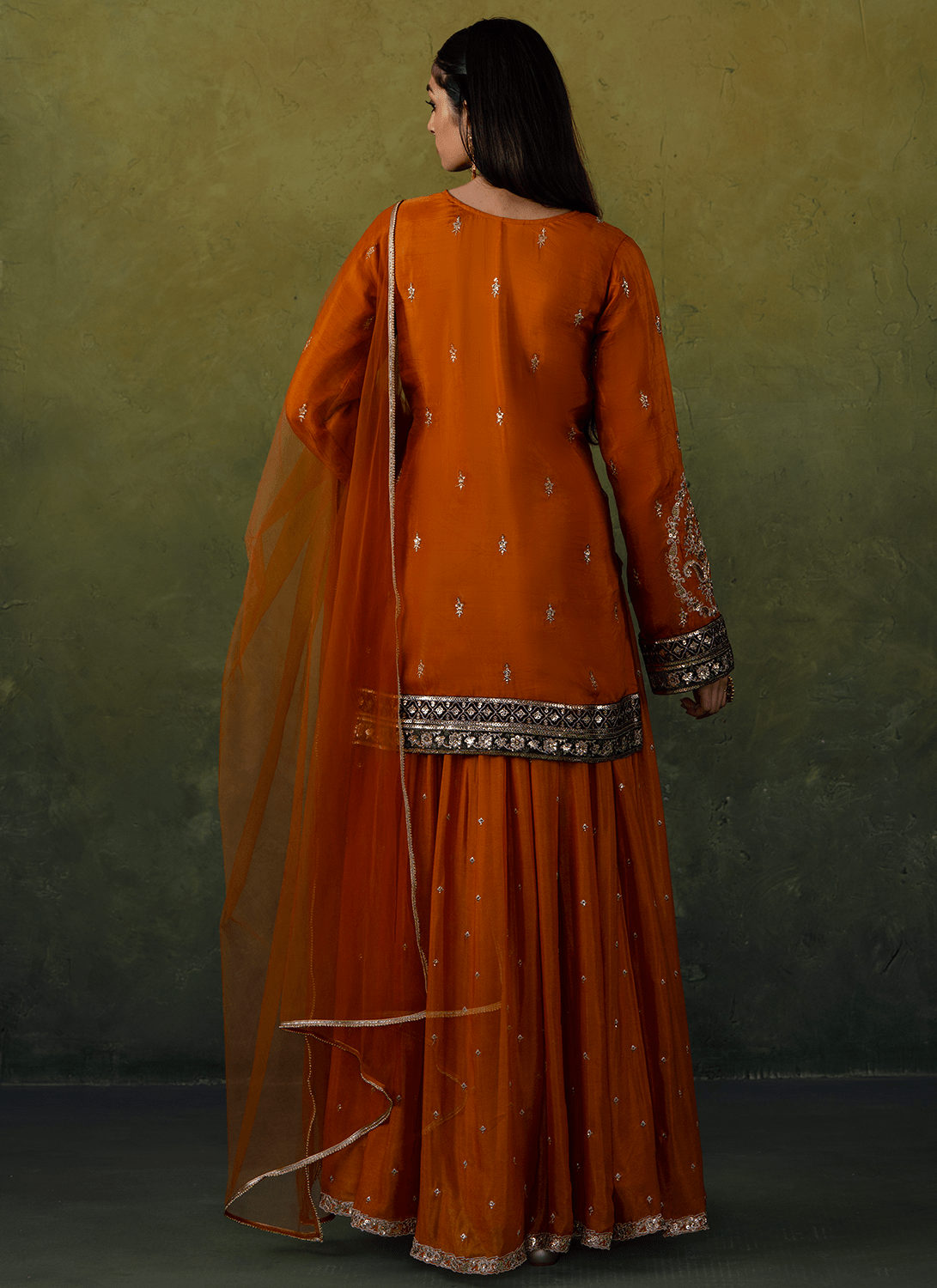 Rust Orange Embroidered Organza Sharara Suit - Lashkaraa