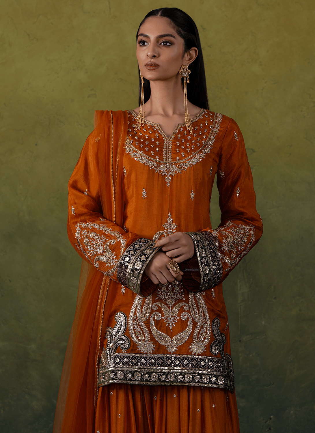 Rust Orange Embroidered Organza Sharara Suit - Lashkaraa