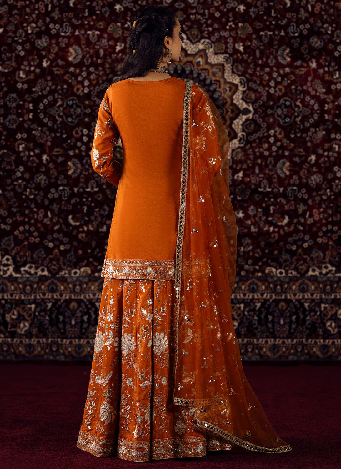 Rust Orange Embroidered Viscose Silk Sharara - Lashkaraa