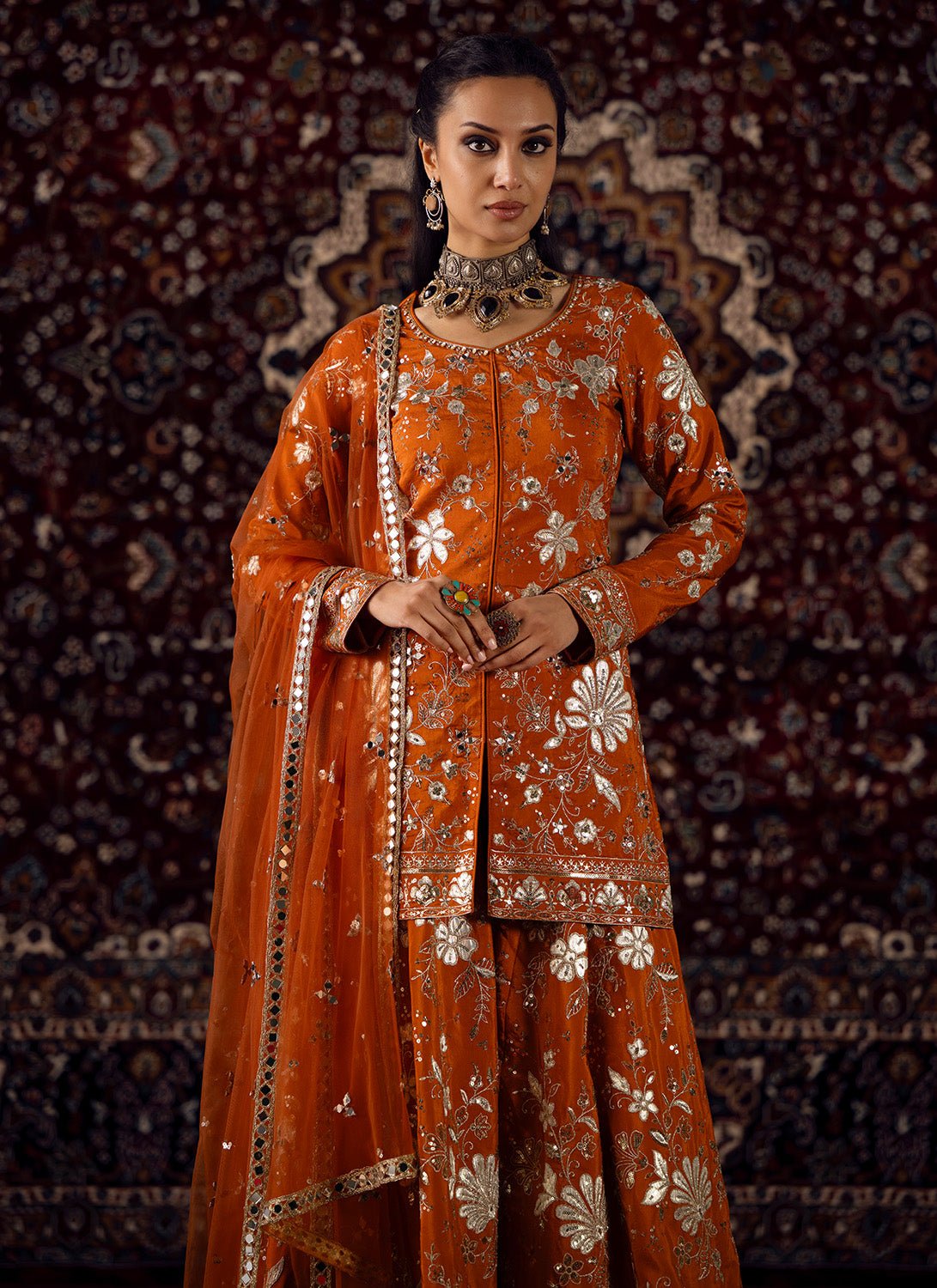 Rust Orange Embroidered Viscose Silk Sharara - Lashkaraa
