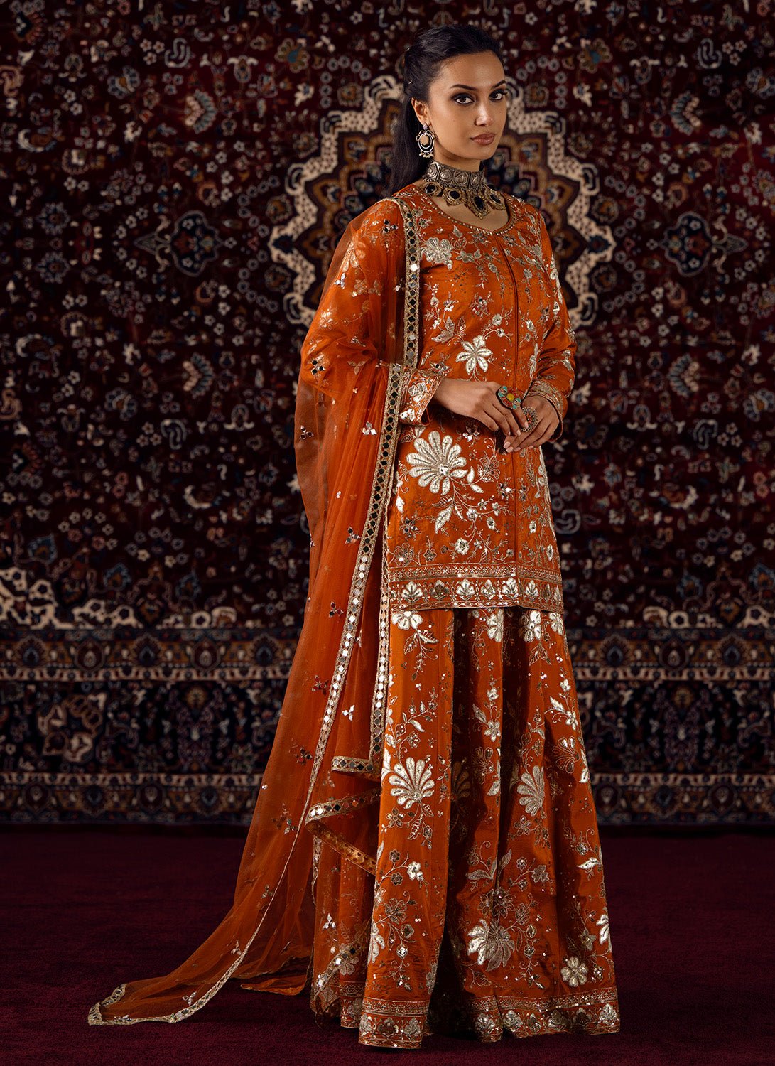 Rust Orange Embroidered Viscose Silk Sharara - Lashkaraa