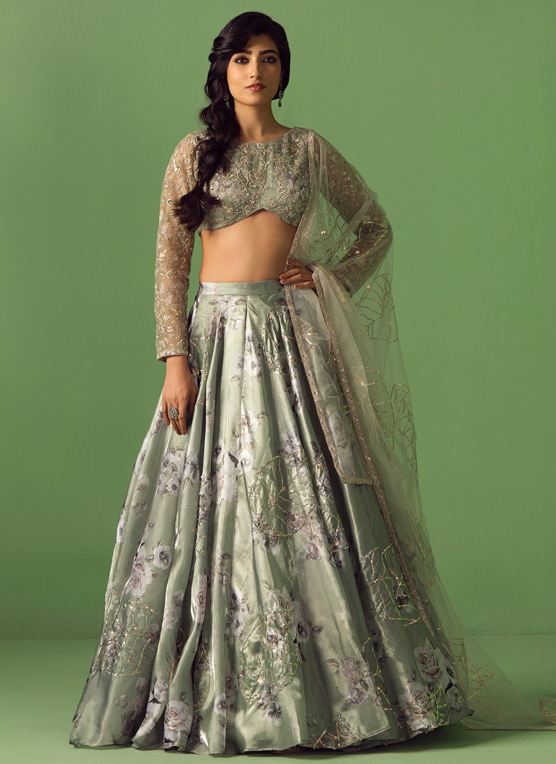 Sage Green Floral Printed Organza Lehenga - Lashkaraa