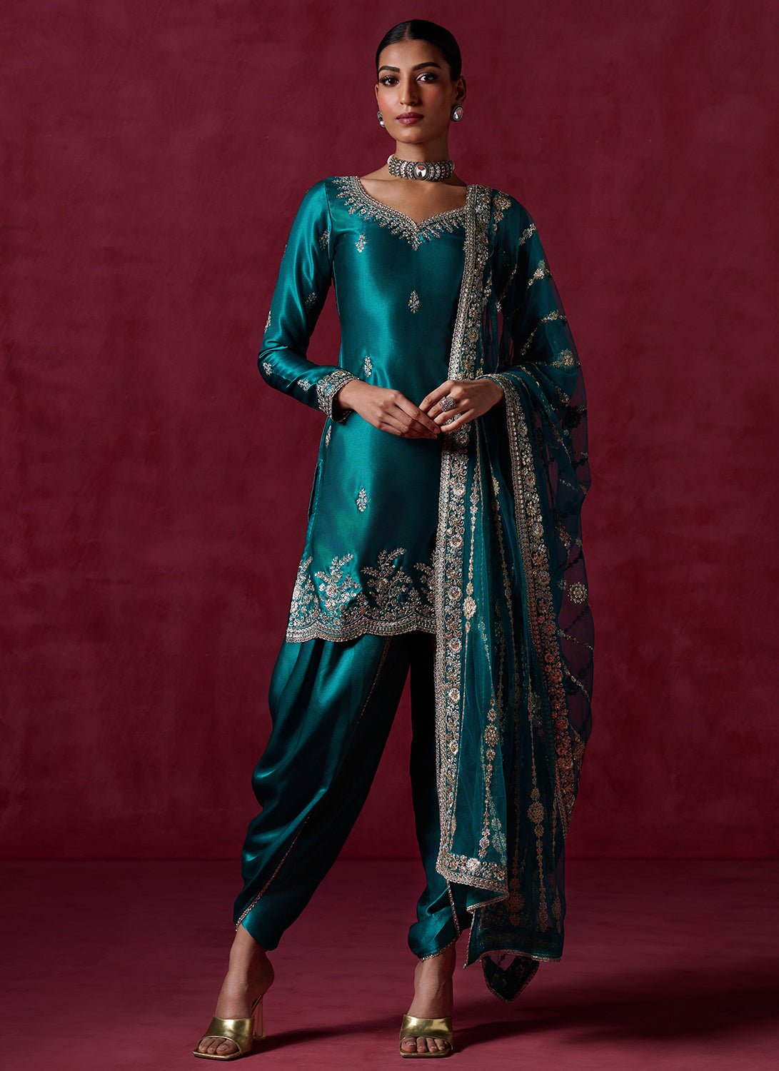 Sea Green Embroidered Satin Punjabi Suit - Lashkaraa