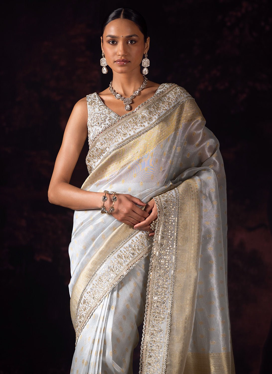 Silver and Gold Embroidered Tissue Saree - Lashkaraa