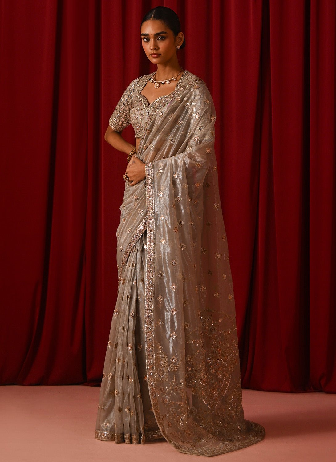 Silver Embroidered Net Saree - Lashkaraa