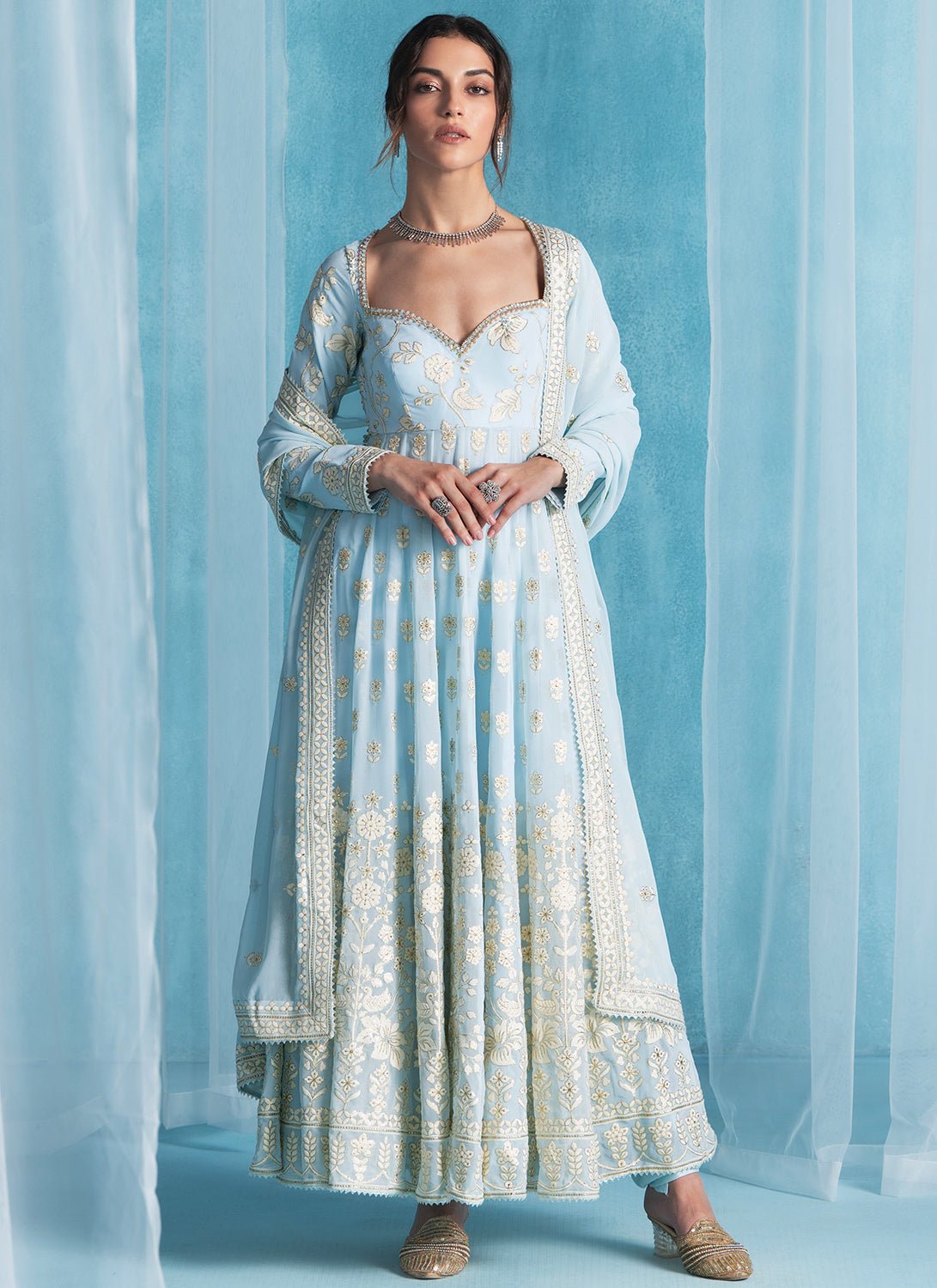 Sky Blue Embroidered Georgette Anarkali - Lashkaraa