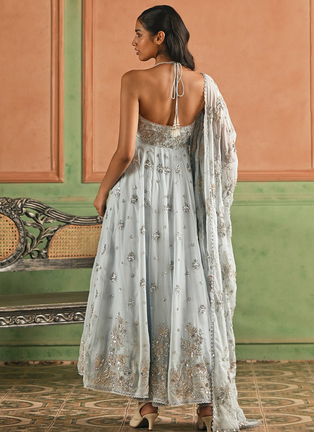 Sky Blue Embroidered Organza Anarkali - Lashkaraa