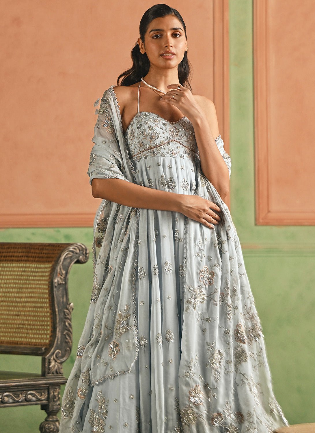 Sky Blue Embroidered Organza Anarkali - Lashkaraa