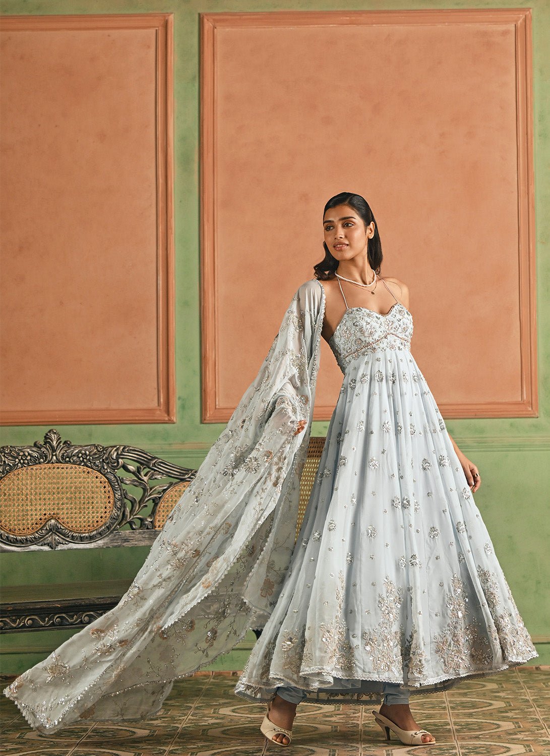 Sky Blue Embroidered Organza Anarkali - Lashkaraa