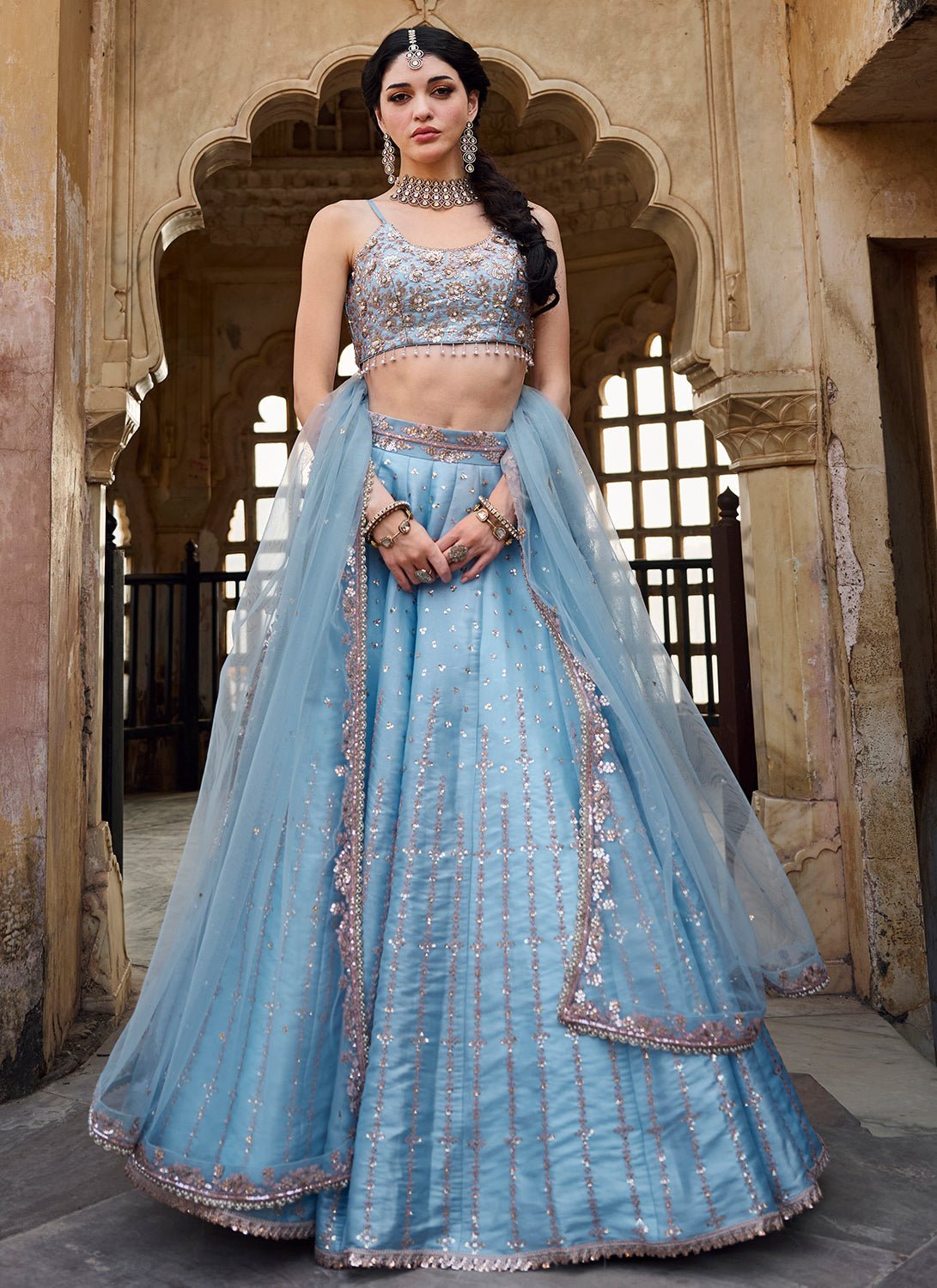 Sky Blue Embroidered Organza Lehenga - Lashkaraa