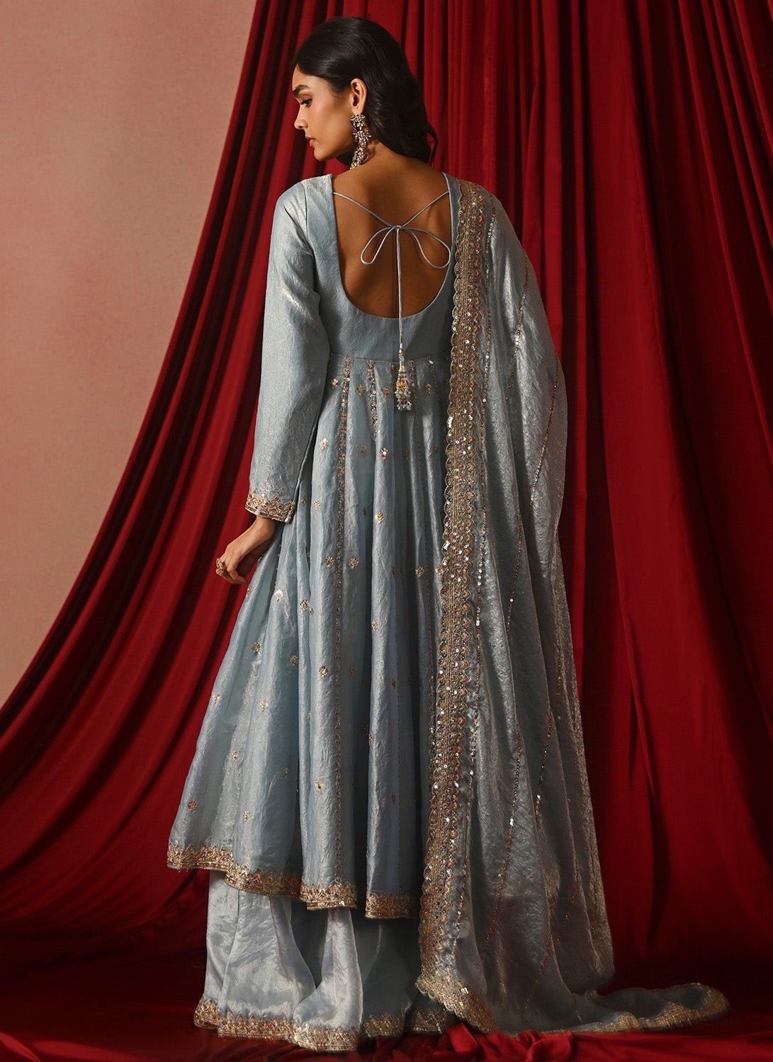 Sky Blue Embroidered Tissue Anarkali - Lashkaraa