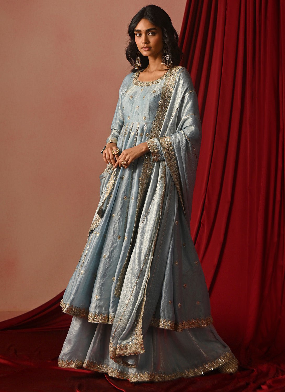 Sky Blue Embroidered Tissue Anarkali - Lashkaraa