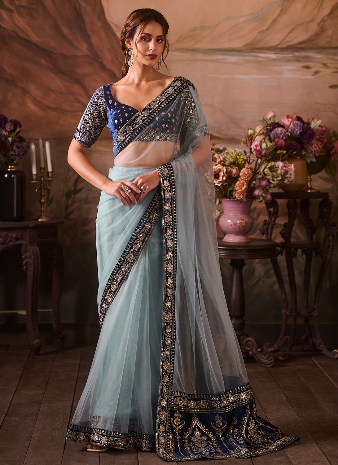 open lace back dress Navy Blue Thread & Multi Sequins Work Party Wear Saree