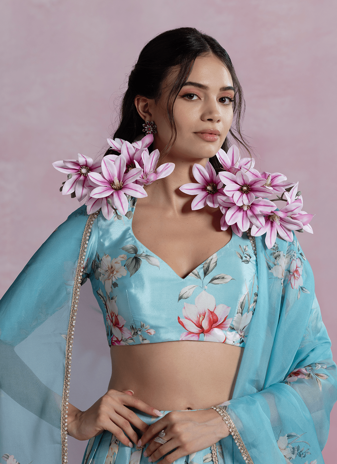 Sky Blue Floral Printed Crepe Silk Lehenga - Lashkaraa