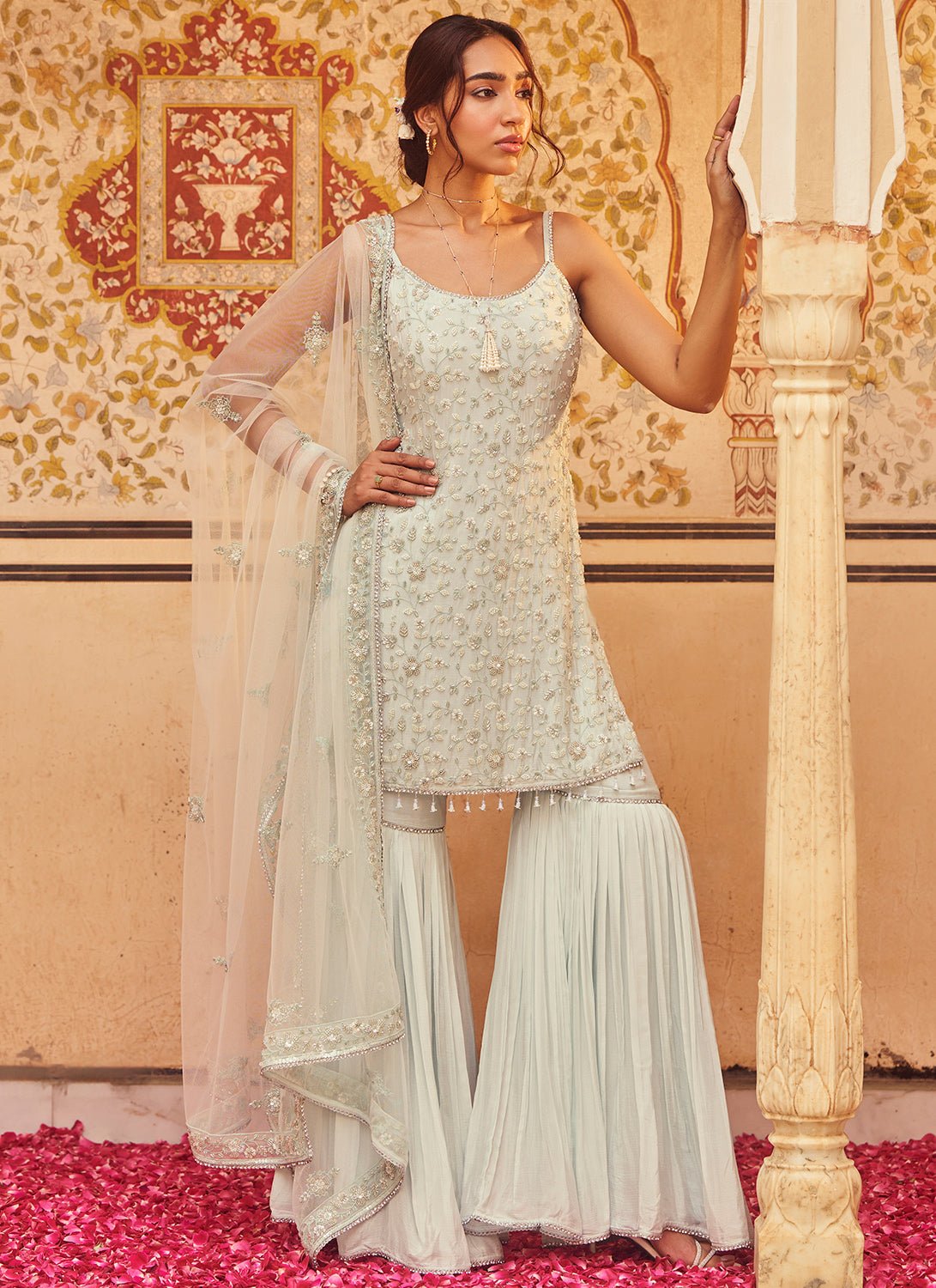 Soft Blue Embroidered Chinon Gharara Suit - Lashkaraa