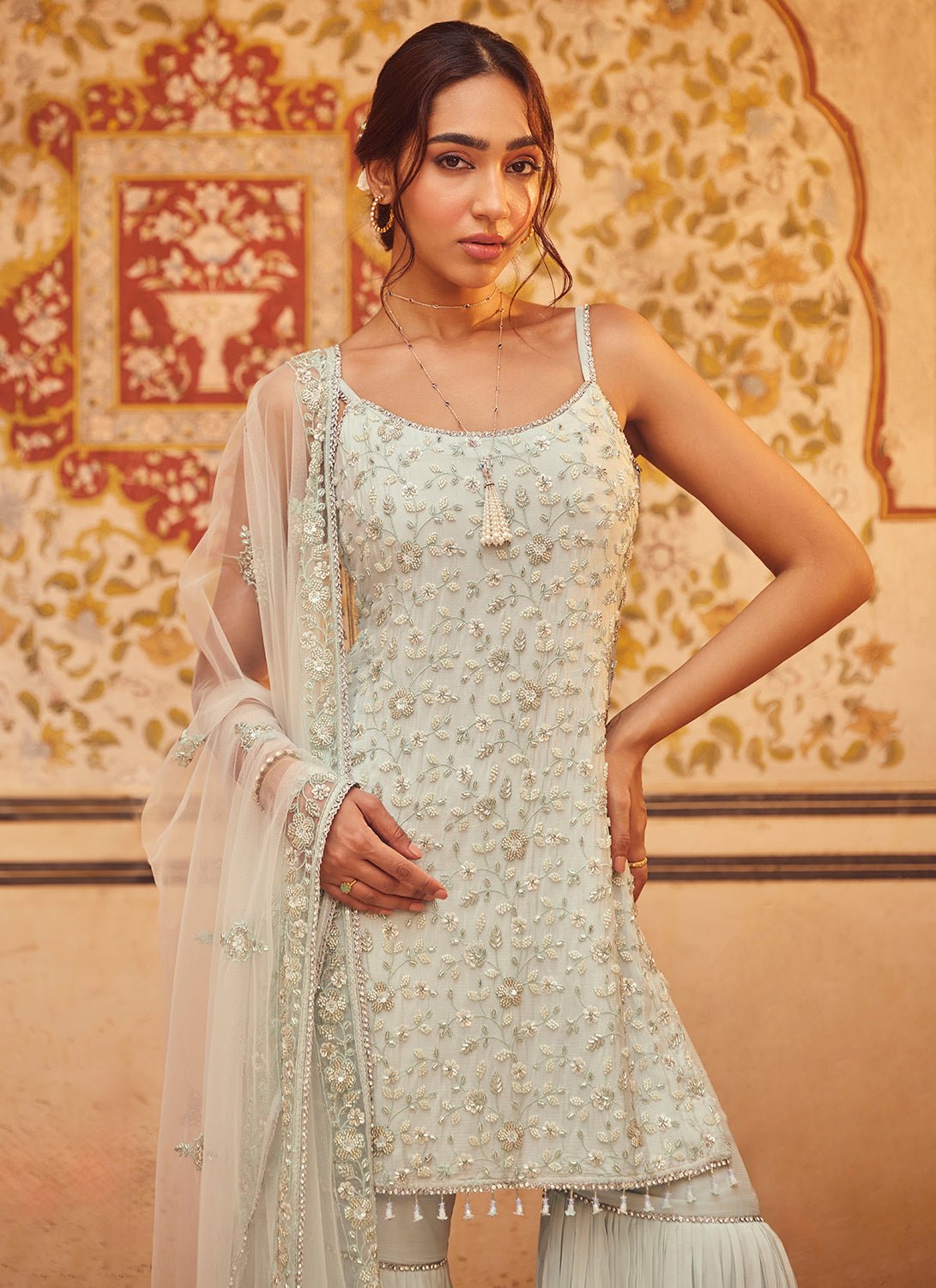Soft Blue Embroidered Chinon Gharara Suit - Lashkaraa