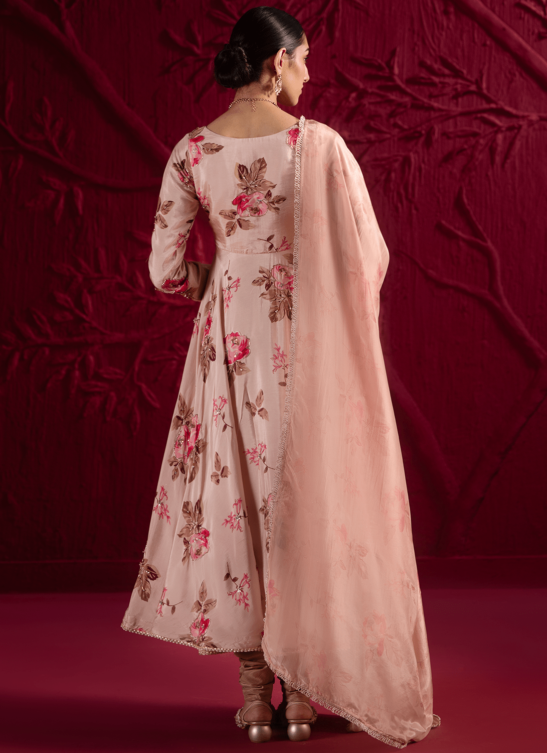 Soft Champagne Pink Floral Embroidered Anarkali - Lashkaraa
