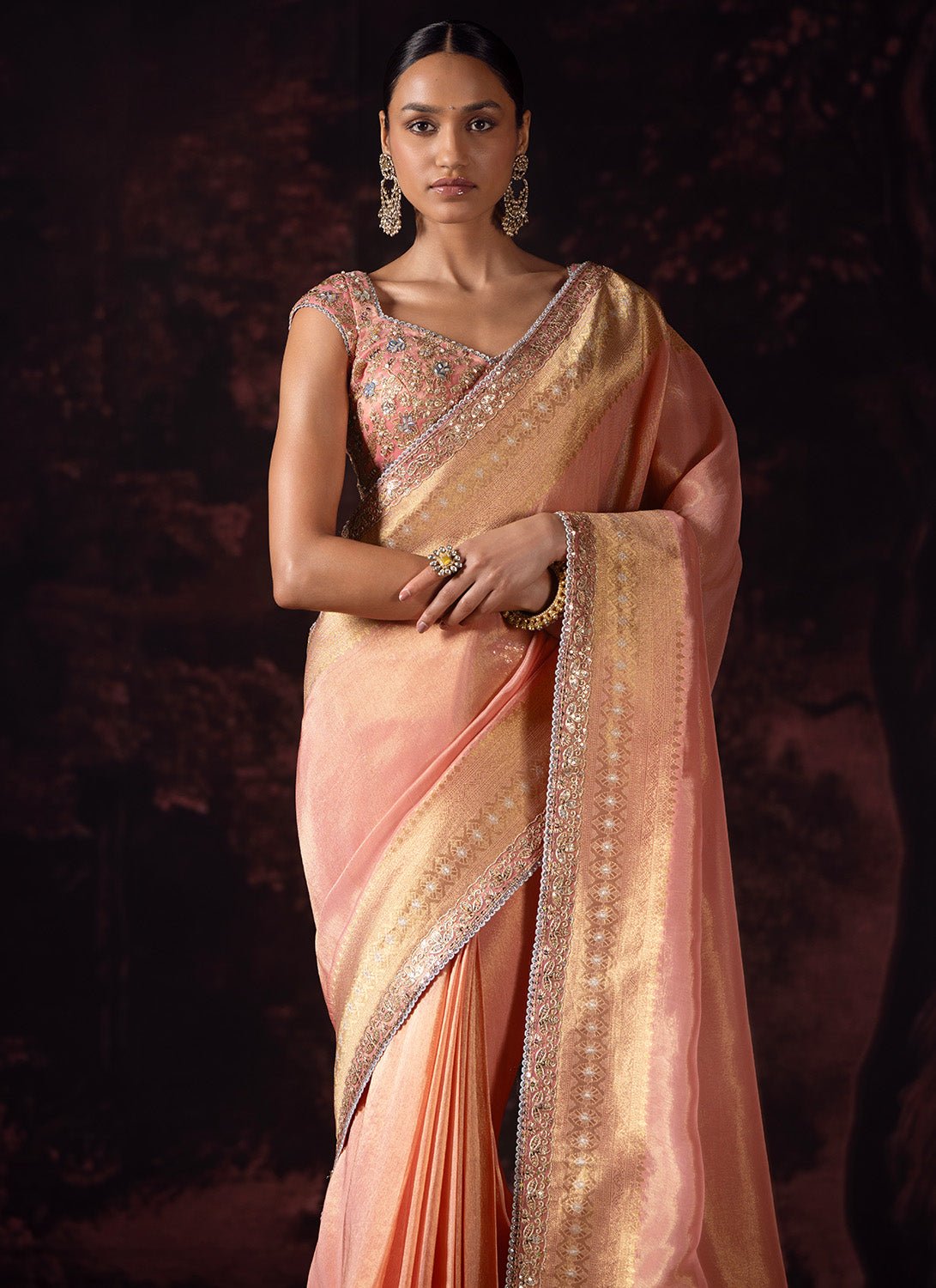 Soft Coral Embroidered Tissue Saree - Lashkaraa