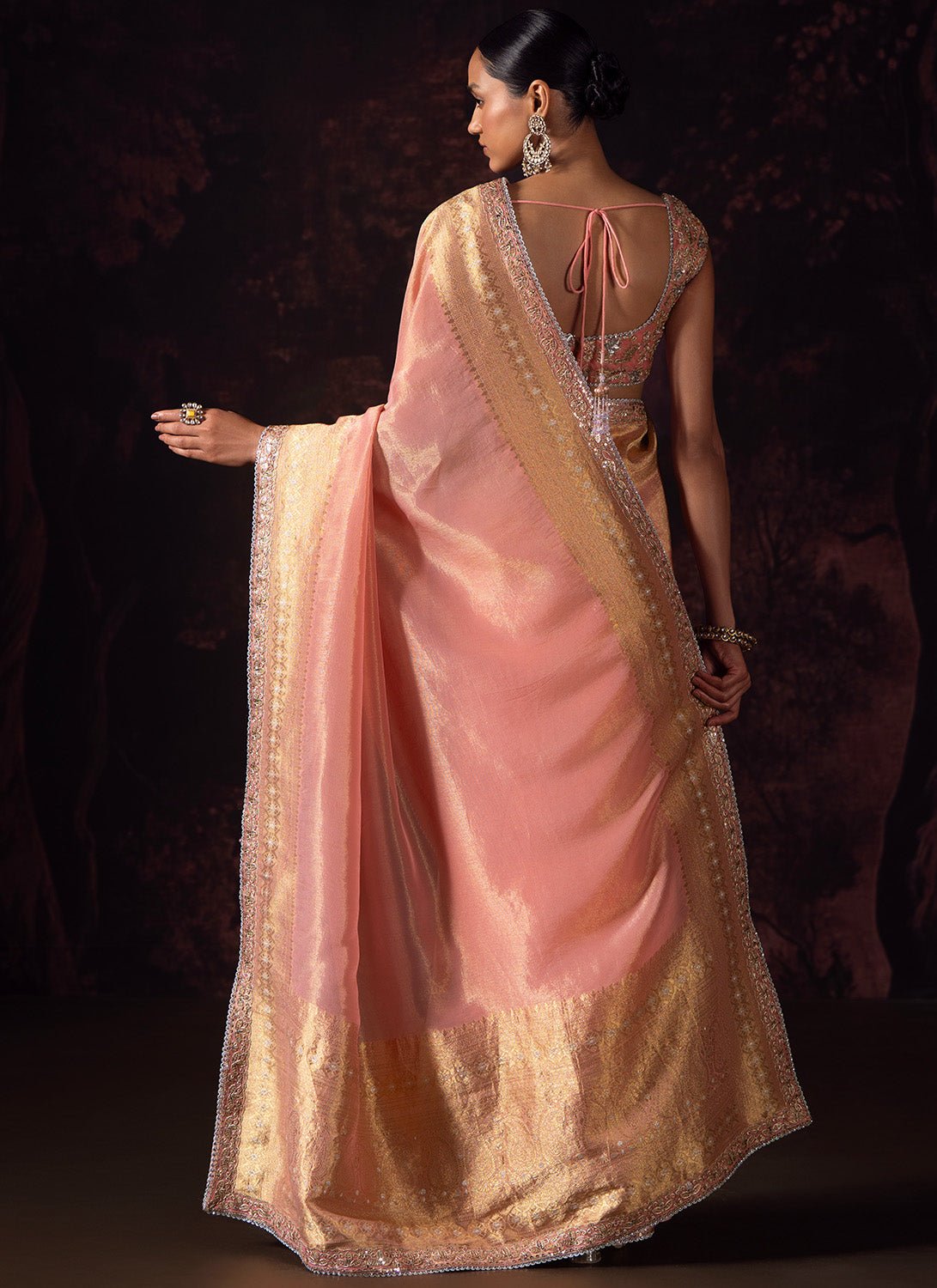 Soft Coral Embroidered Tissue Saree - Lashkaraa