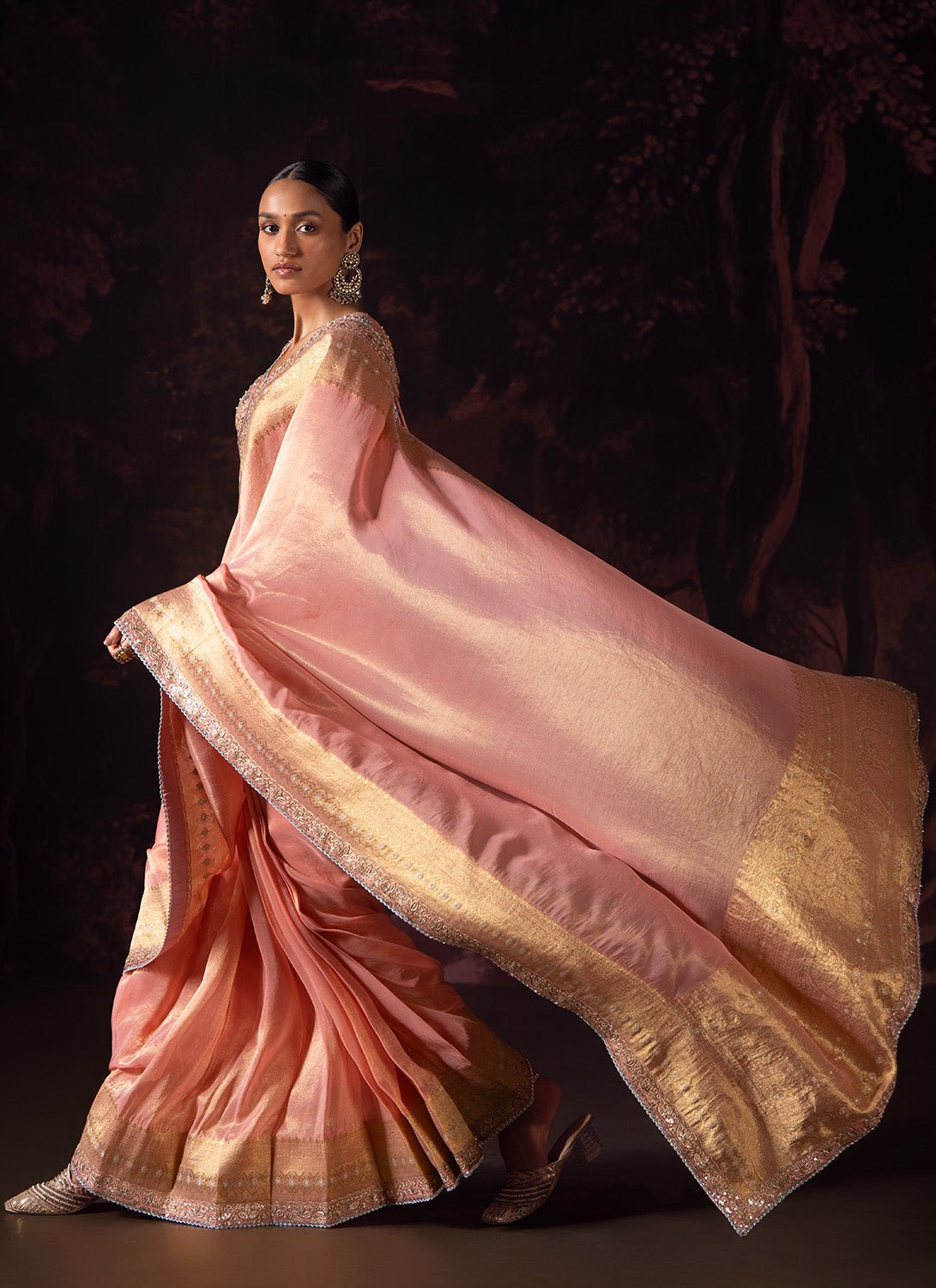 Soft Coral Embroidered Tissue Saree - Lashkaraa