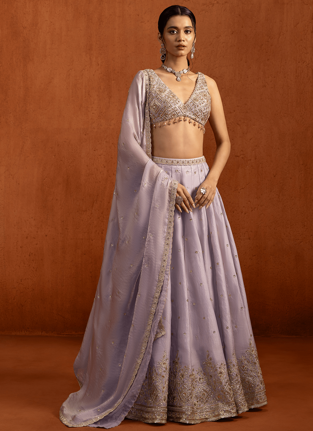 Soft Lilac Embroidered Tissue Lehenga - Lashkaraa
