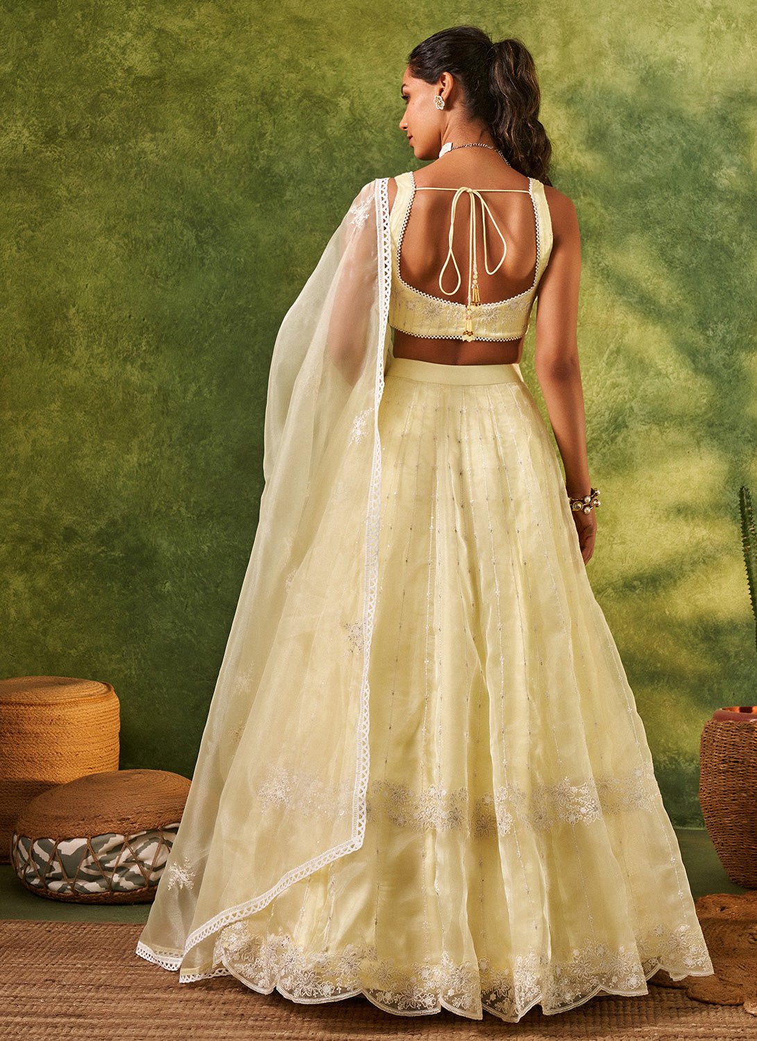 Soft Lime Embroidered Organza Lehenga - Lashkaraa