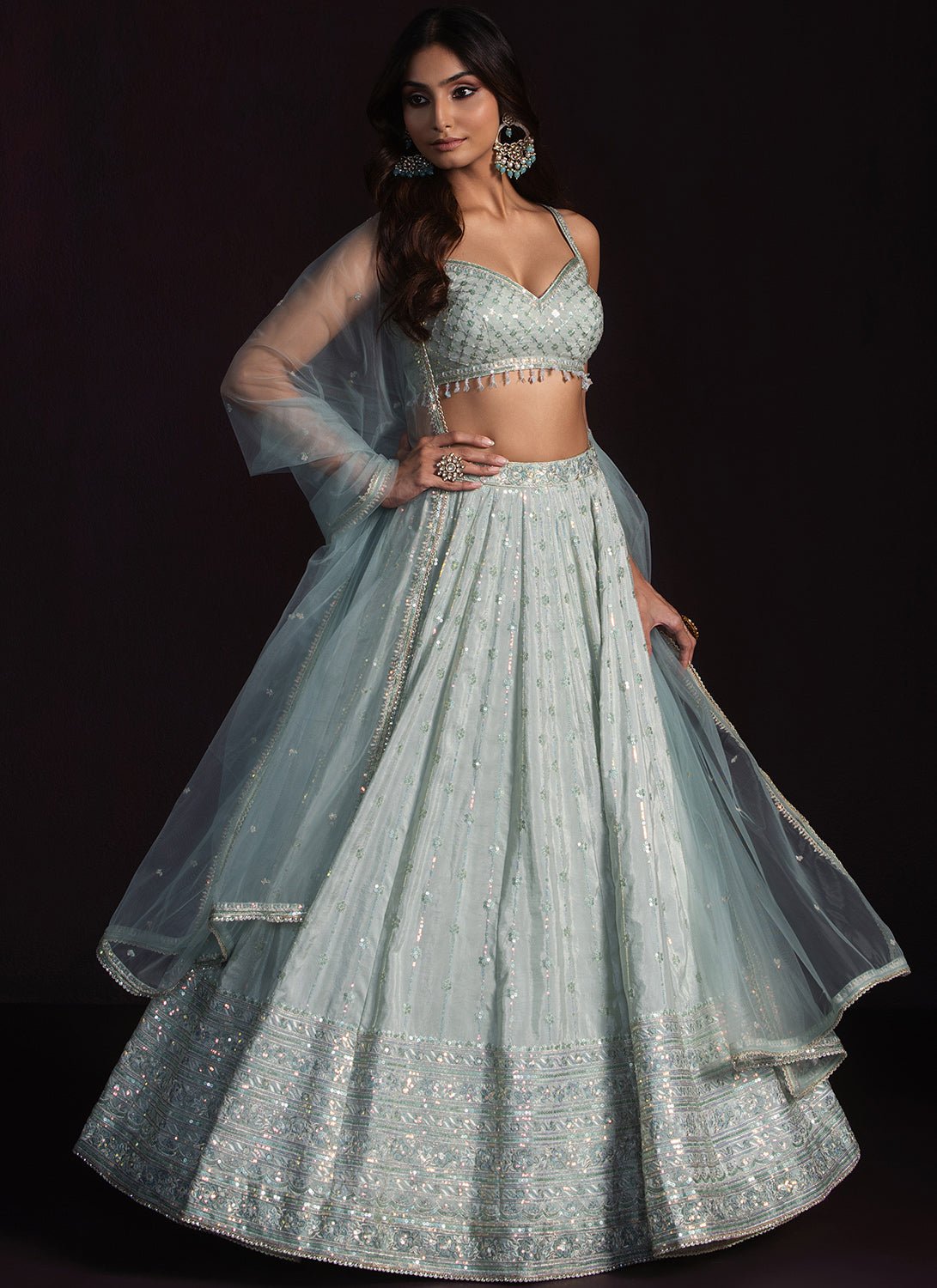 Soft Mint Embroidered Crepe Lehenga - Lashkaraa