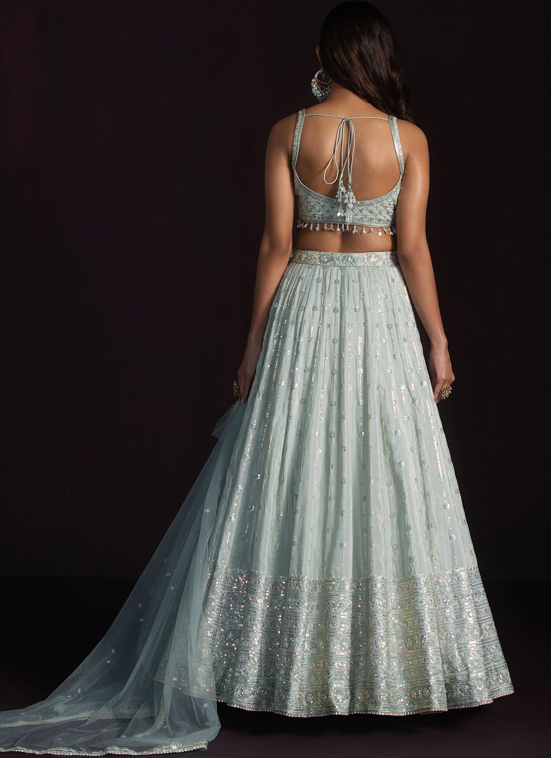 Soft Mint Embroidered Crepe Lehenga - Lashkaraa