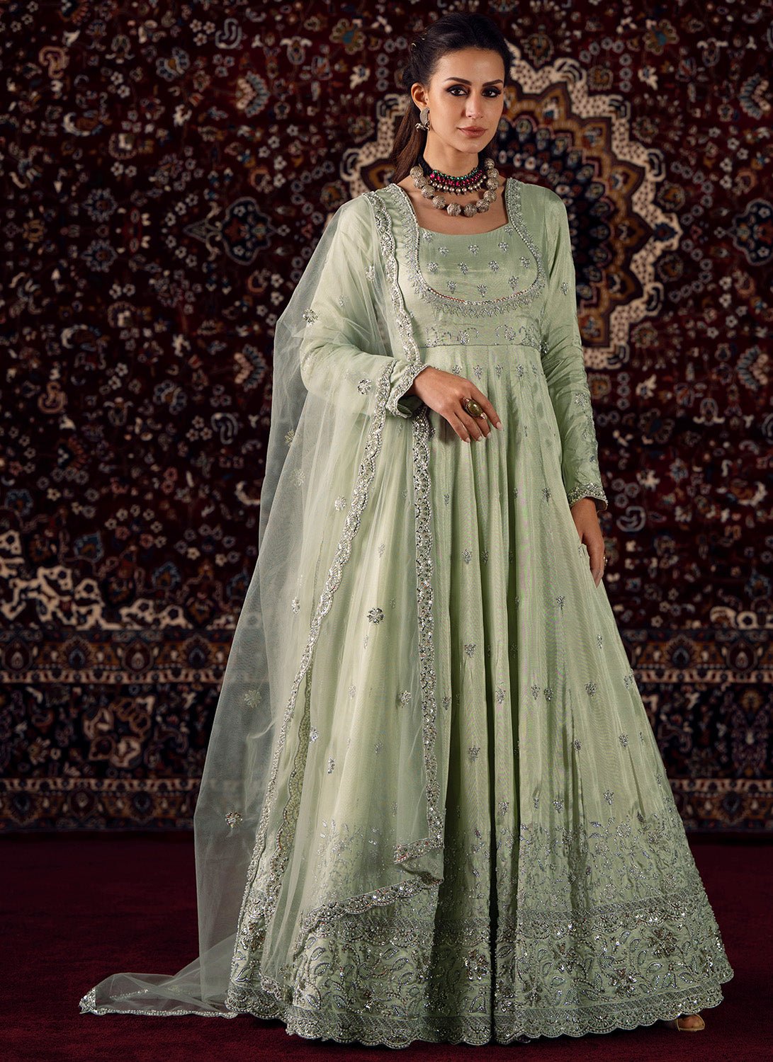 Soft Mint Embroidered Silk Anarkali - Lashkaraa