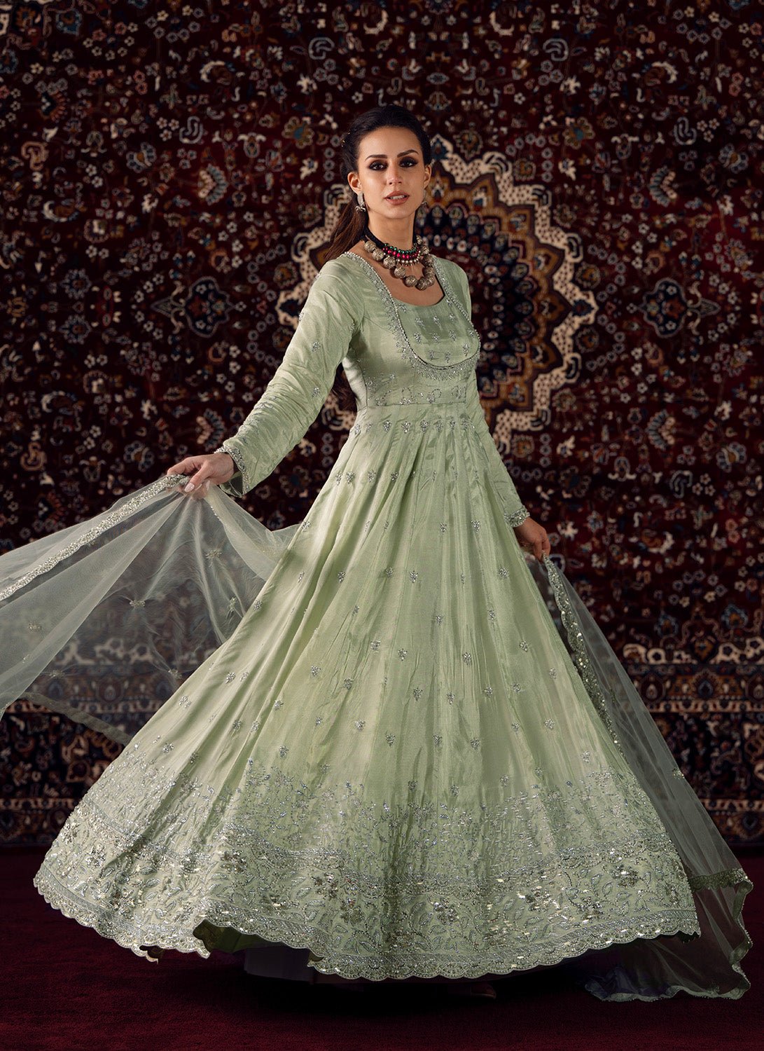 Soft Mint Embroidered Silk Anarkali - Lashkaraa