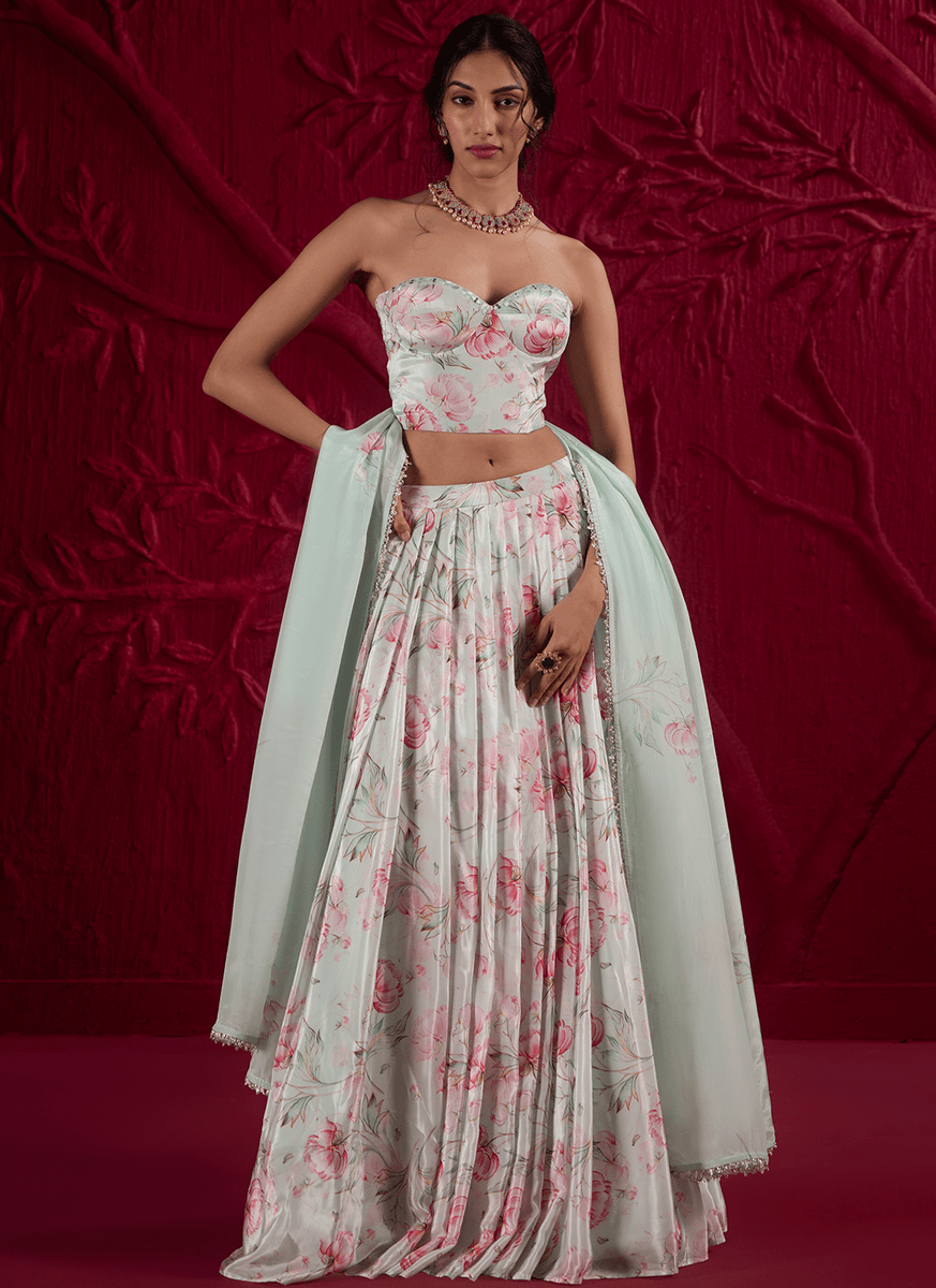 Soft Mint Green Floral Embroidered Crepe Silk Lehenga