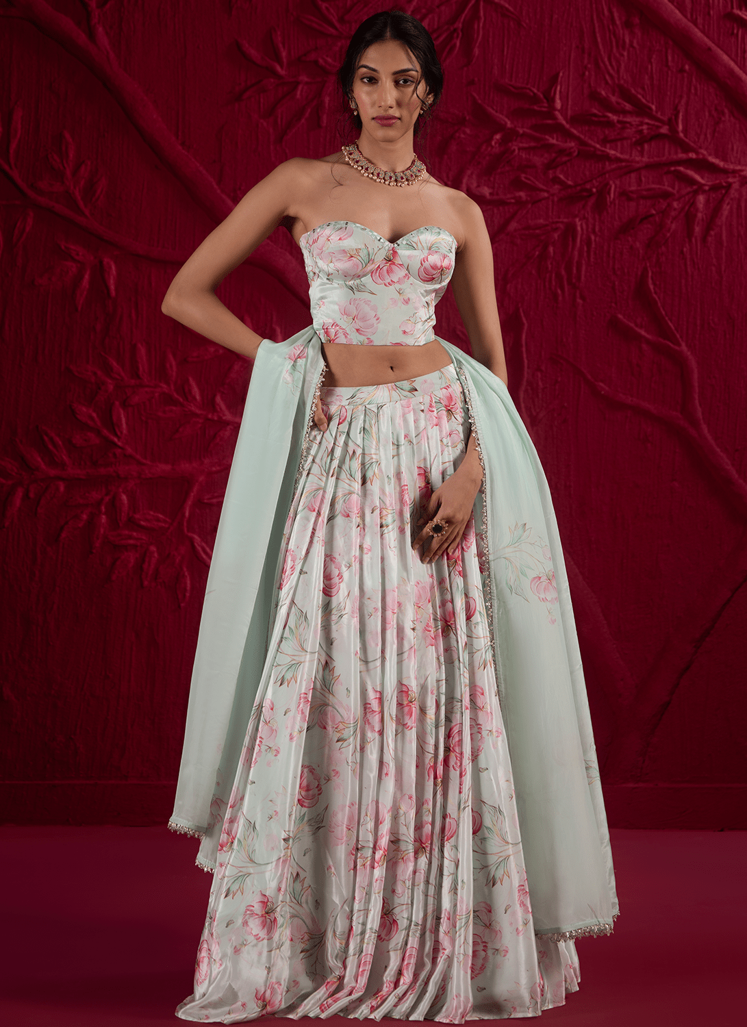 Soft Mint Green Floral Embroidered Crepe Silk Lehenga Soft Mint Green Floral Embroidered Crepe Silk Lehenga