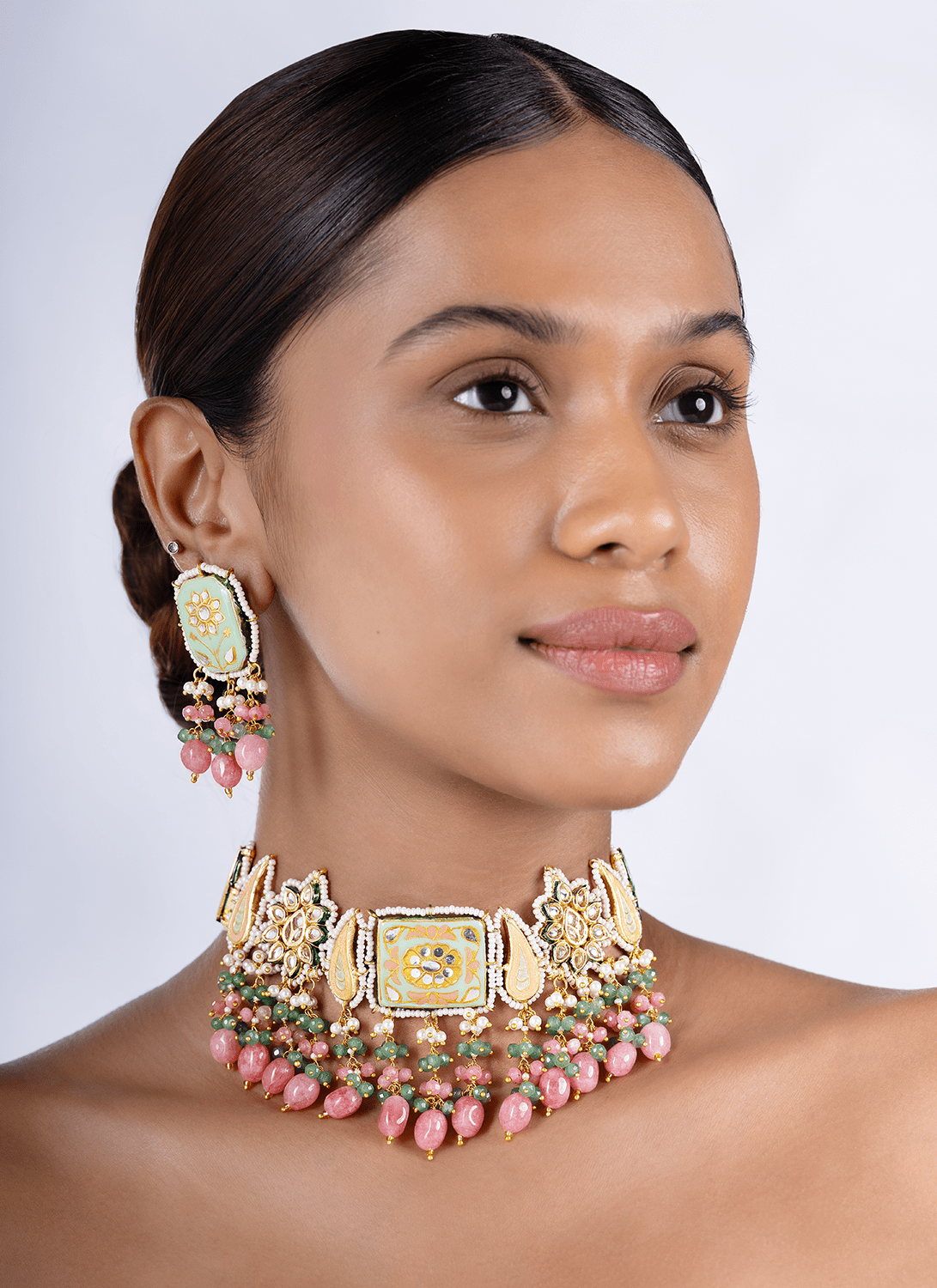 Soft Mint Meenakari Choker Set - Lashkaraa
