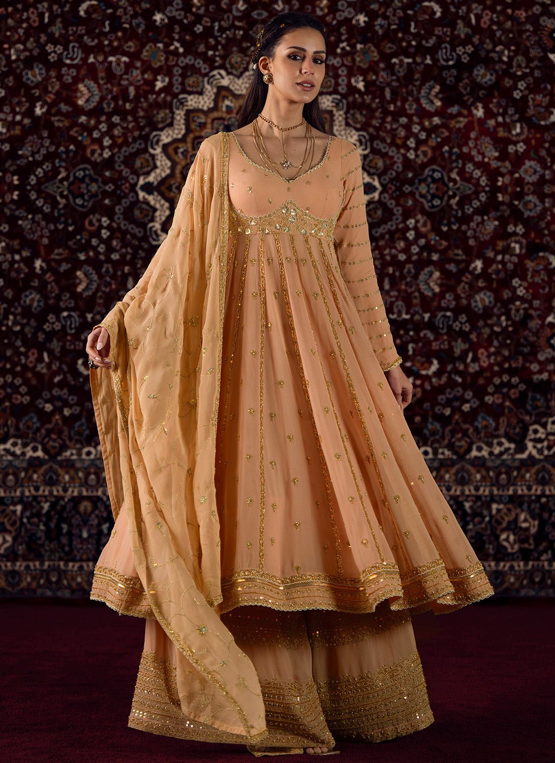 Soft Peach Embroidered Georgette Anarkali Style Sharara - Lashkaraa