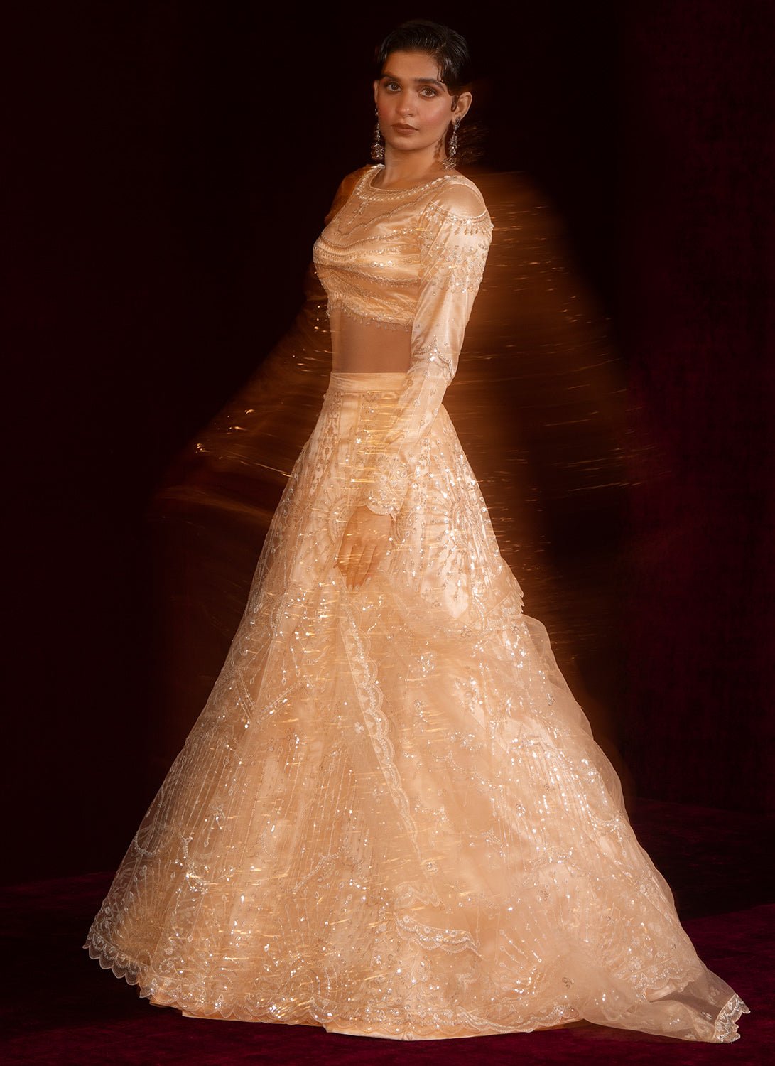 Soft Peach Embroidered Net Lehenga - Lashkaraa