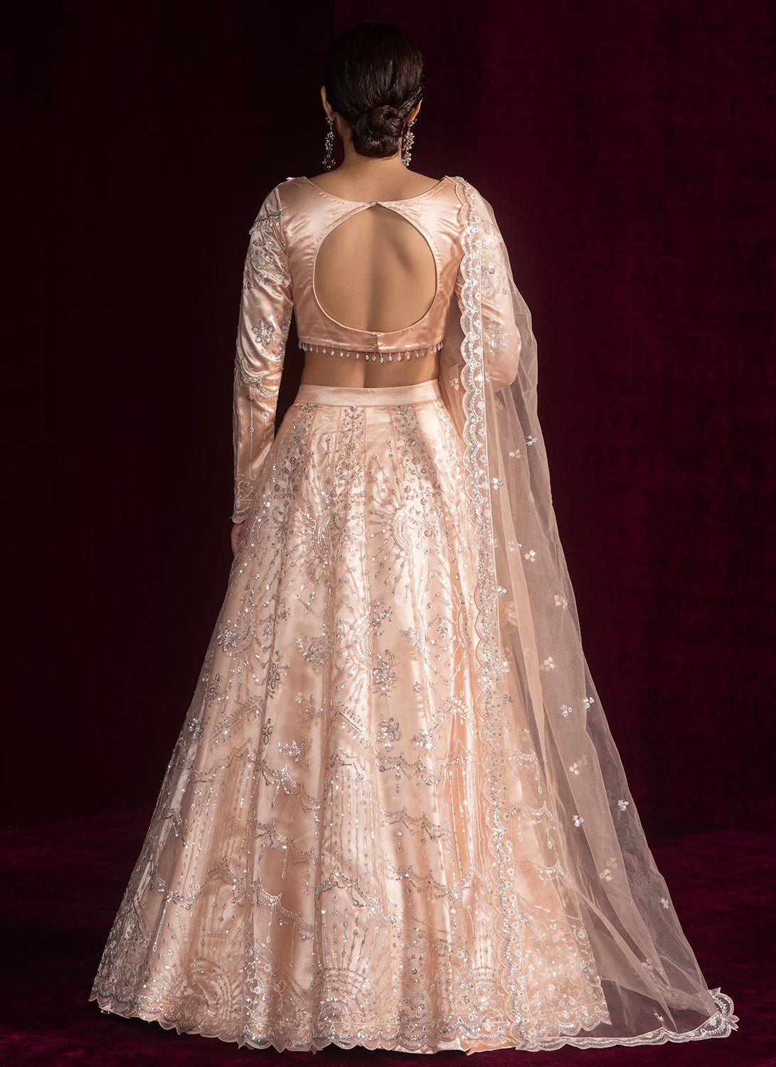 Soft Peach Embroidered Net Lehenga - Lashkaraa