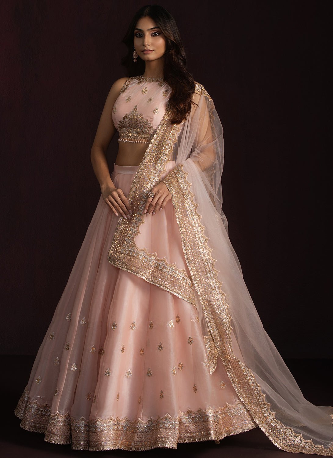 Soft Peach Embroidered Organza Lehenga - Lashkaraa