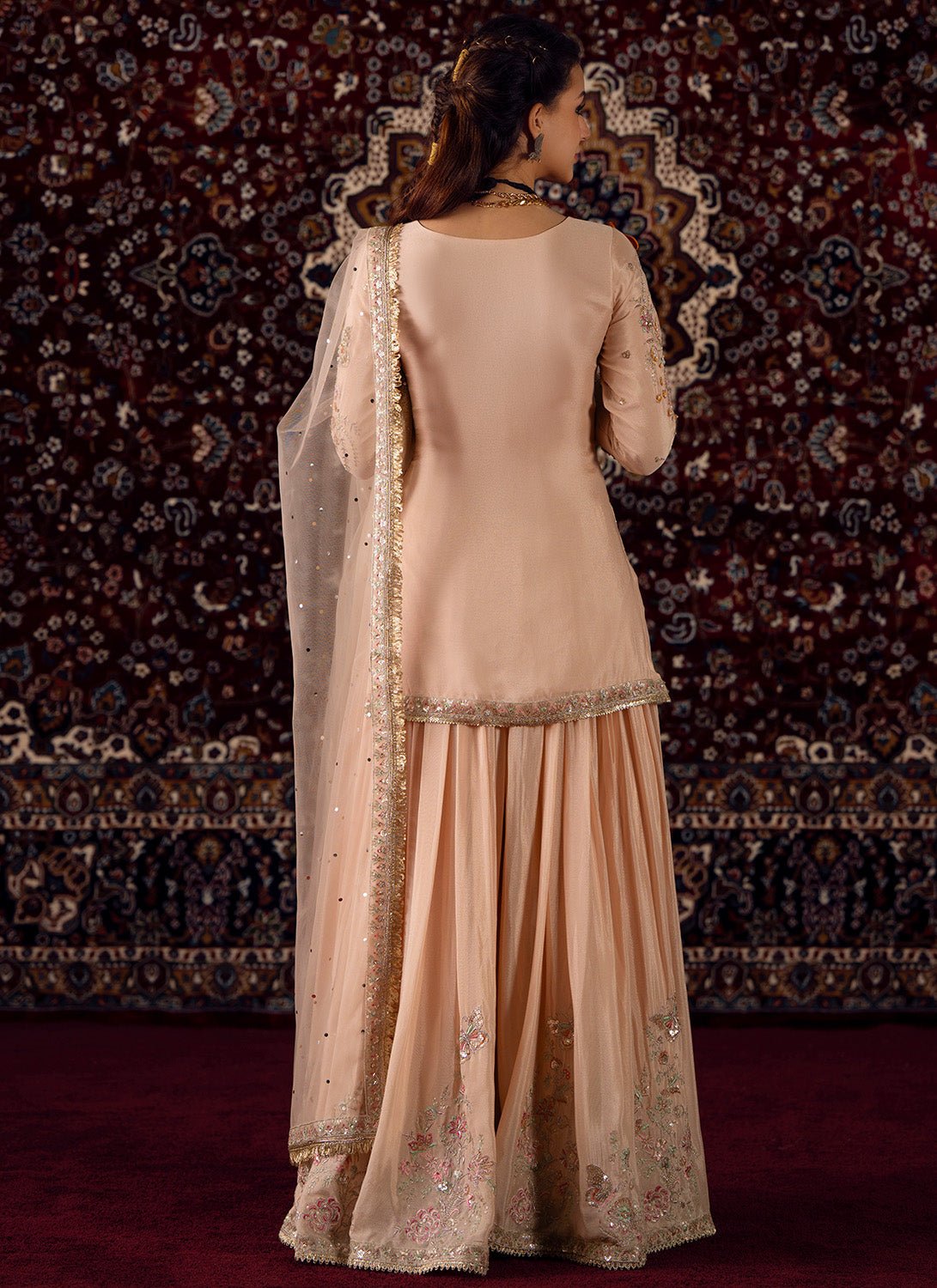 Soft Peach Embroidered Viscose Chinon Sharara - Lashkaraa
