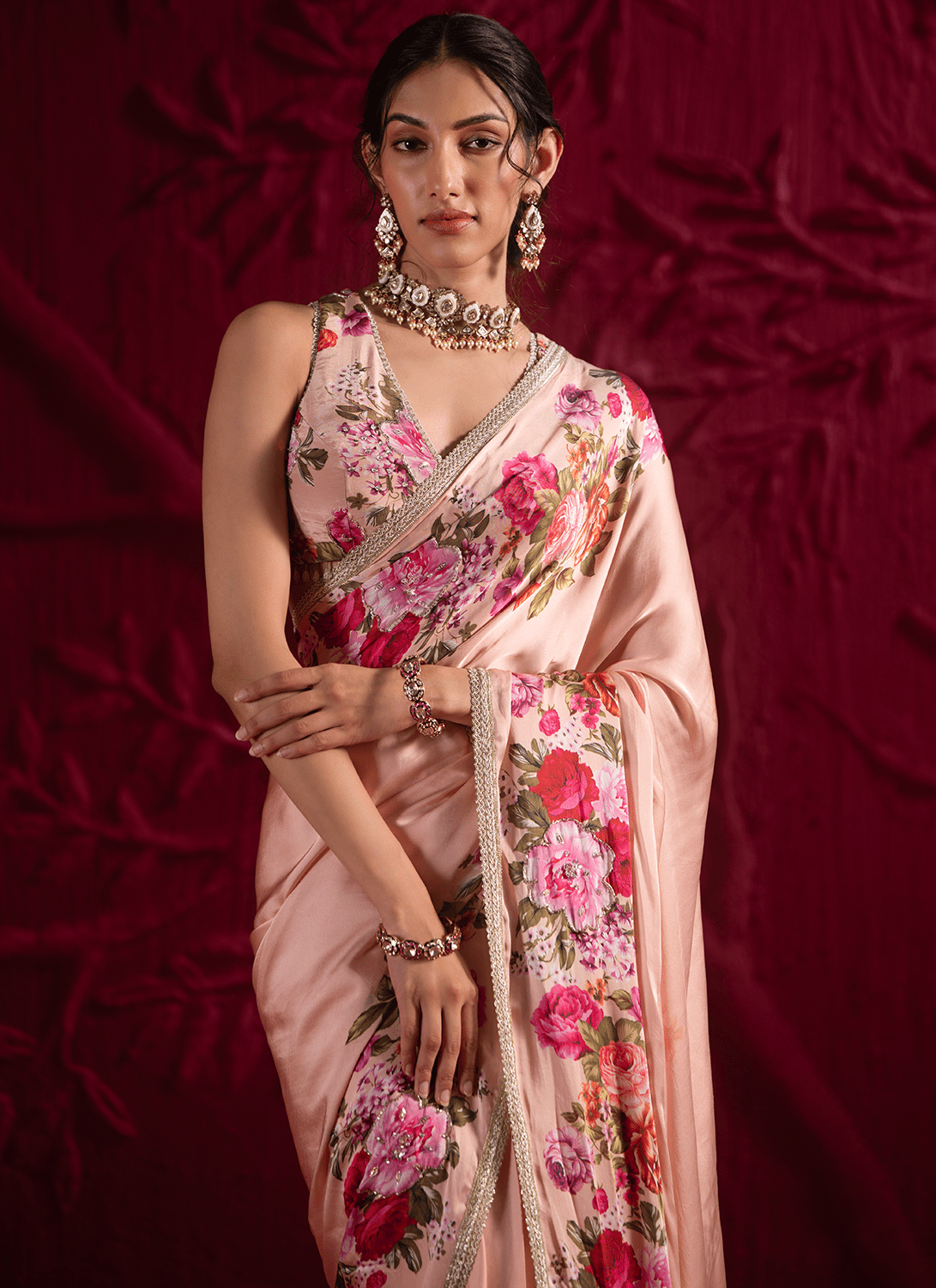 Soft Peach Floral Embroidered Satin Georgette Saree - Lashkaraa