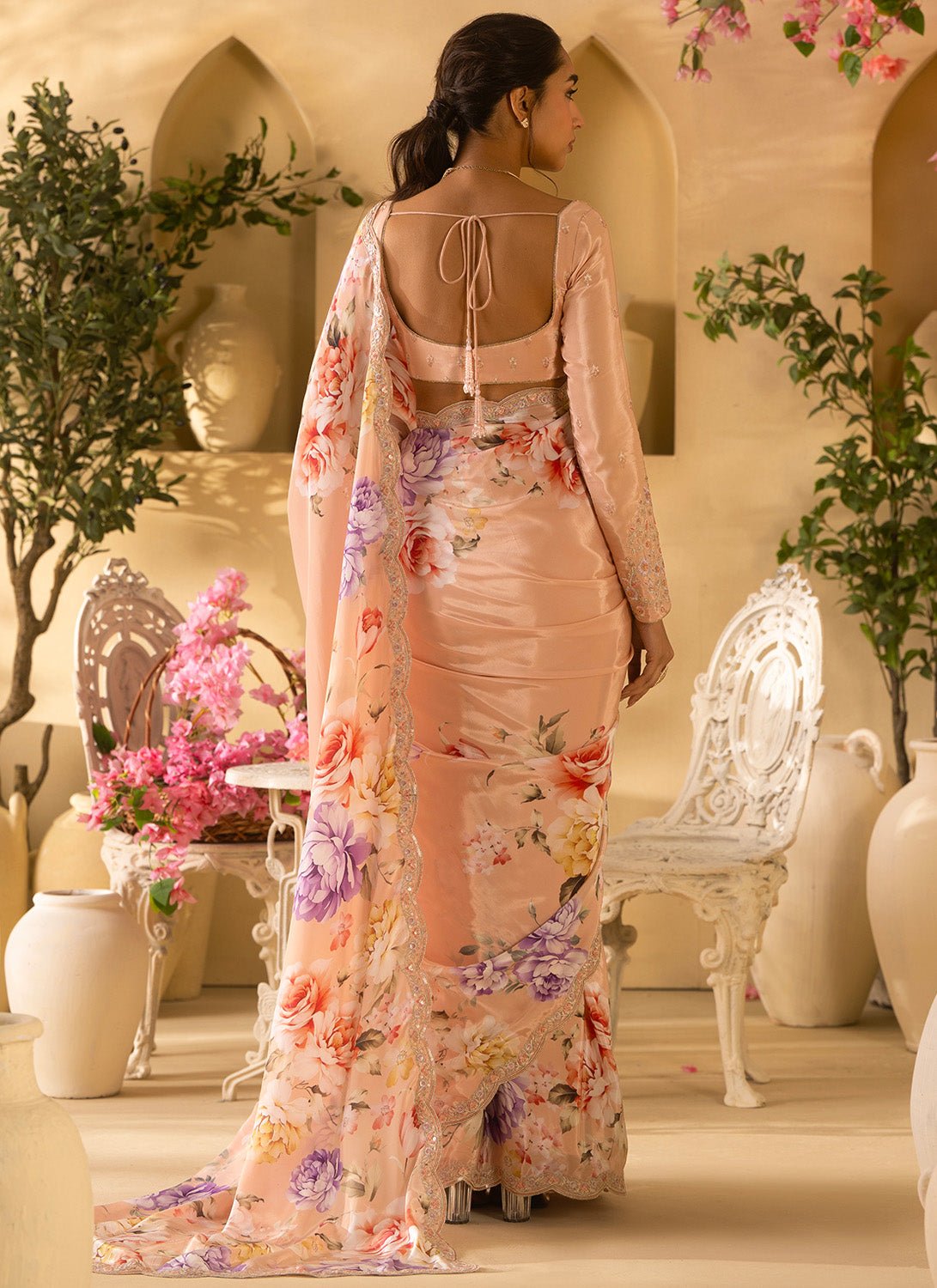 Soft Peach Multicolor Floral Embroidered Crepe Silk Saree - Lashkaraa