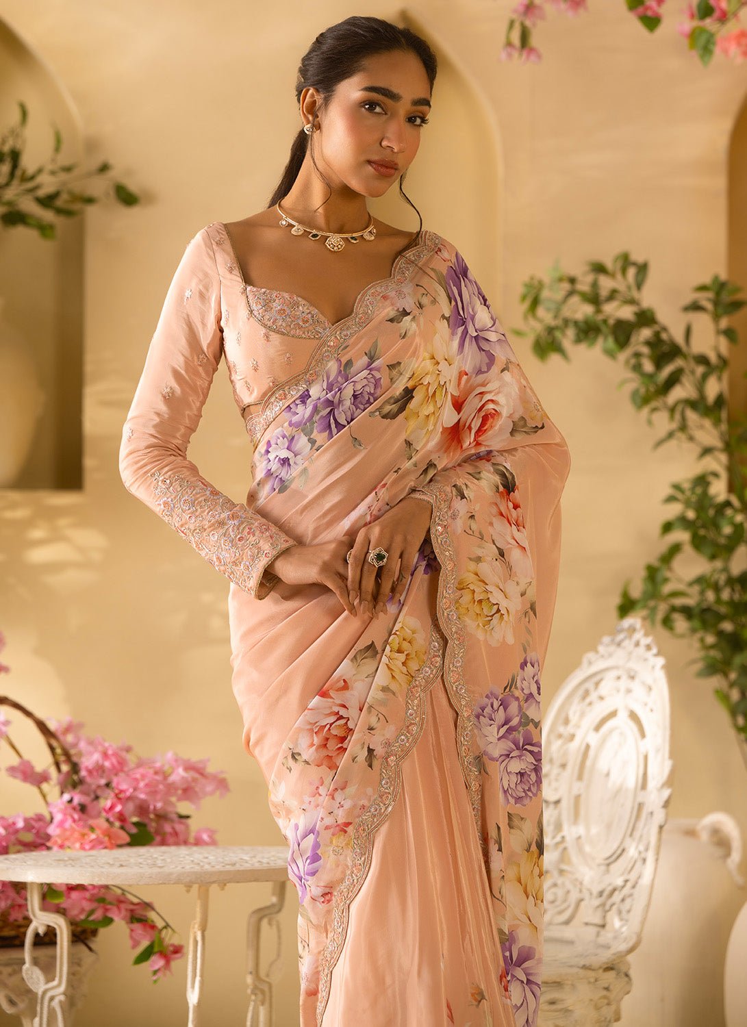 Soft Peach Multicolor Floral Embroidered Crepe Silk Saree - Lashkaraa